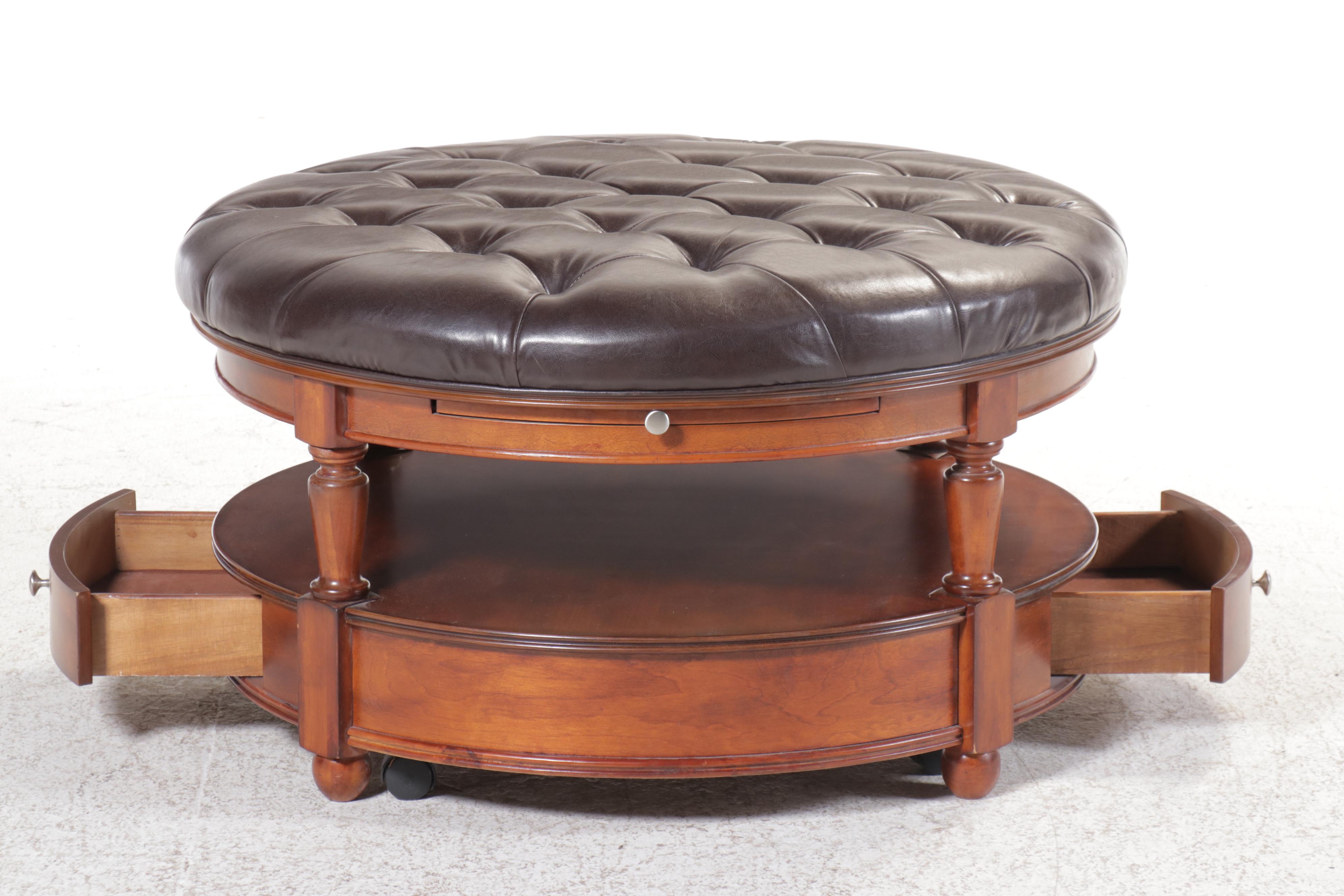 Edwardian Style Two-Tier Tufted Faux Leather Ottoman Coffee Table