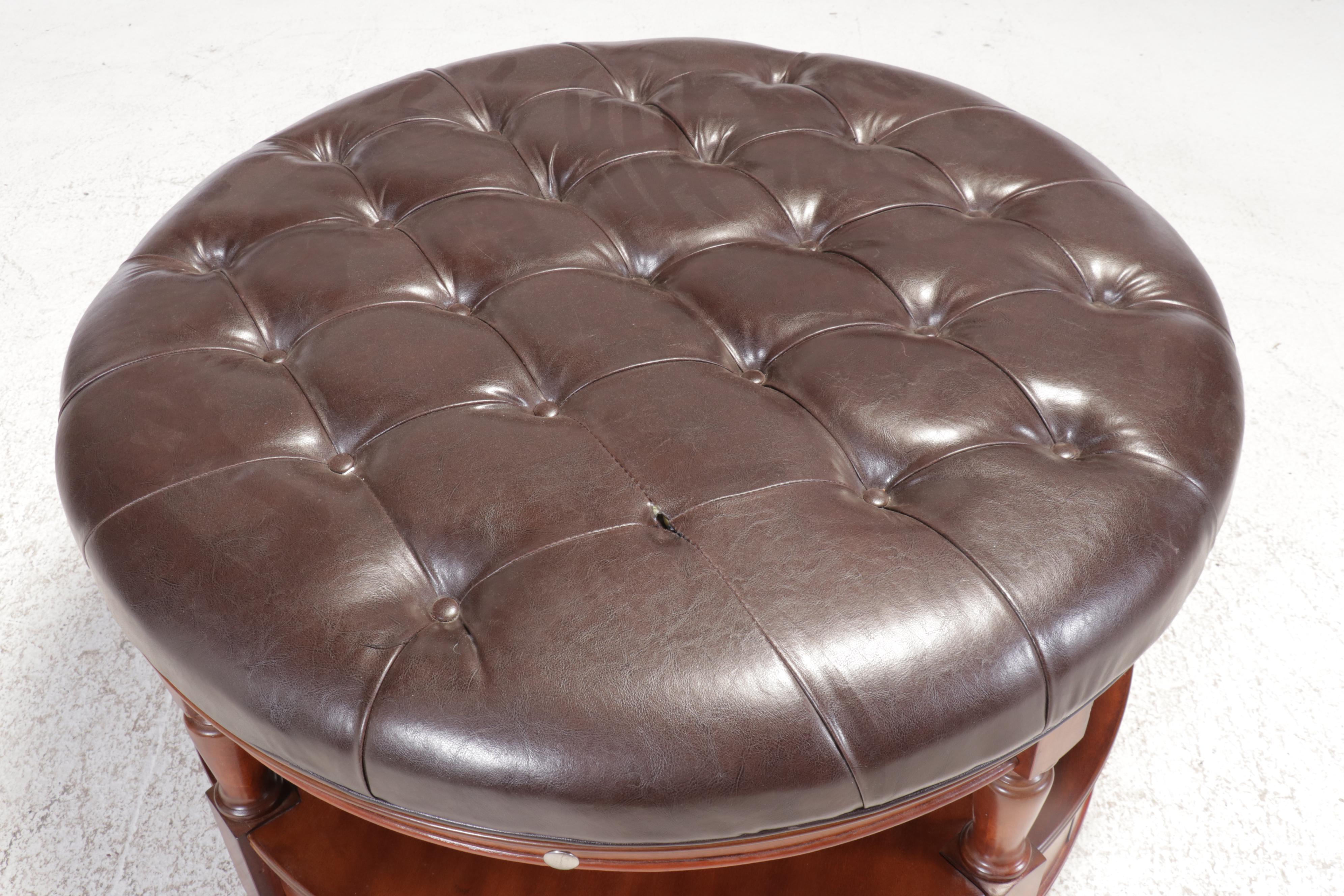 Edwardian Style Two-Tier Tufted Faux Leather Ottoman Coffee Table