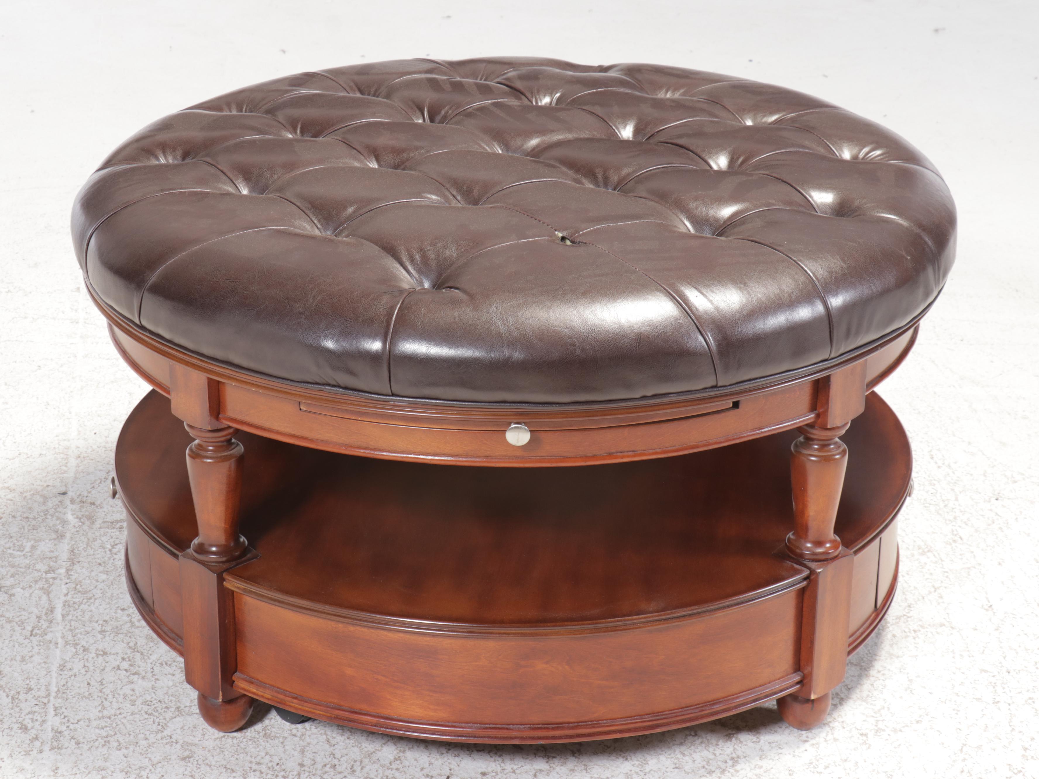 Edwardian Style Two-Tier Tufted Faux Leather Ottoman Coffee Table