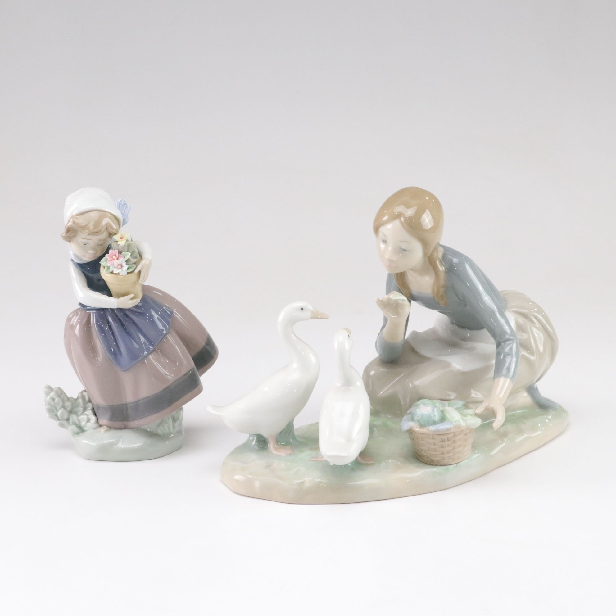 Lladró "Food for Ducks" & "Spring is Here" Porcelain Figurines