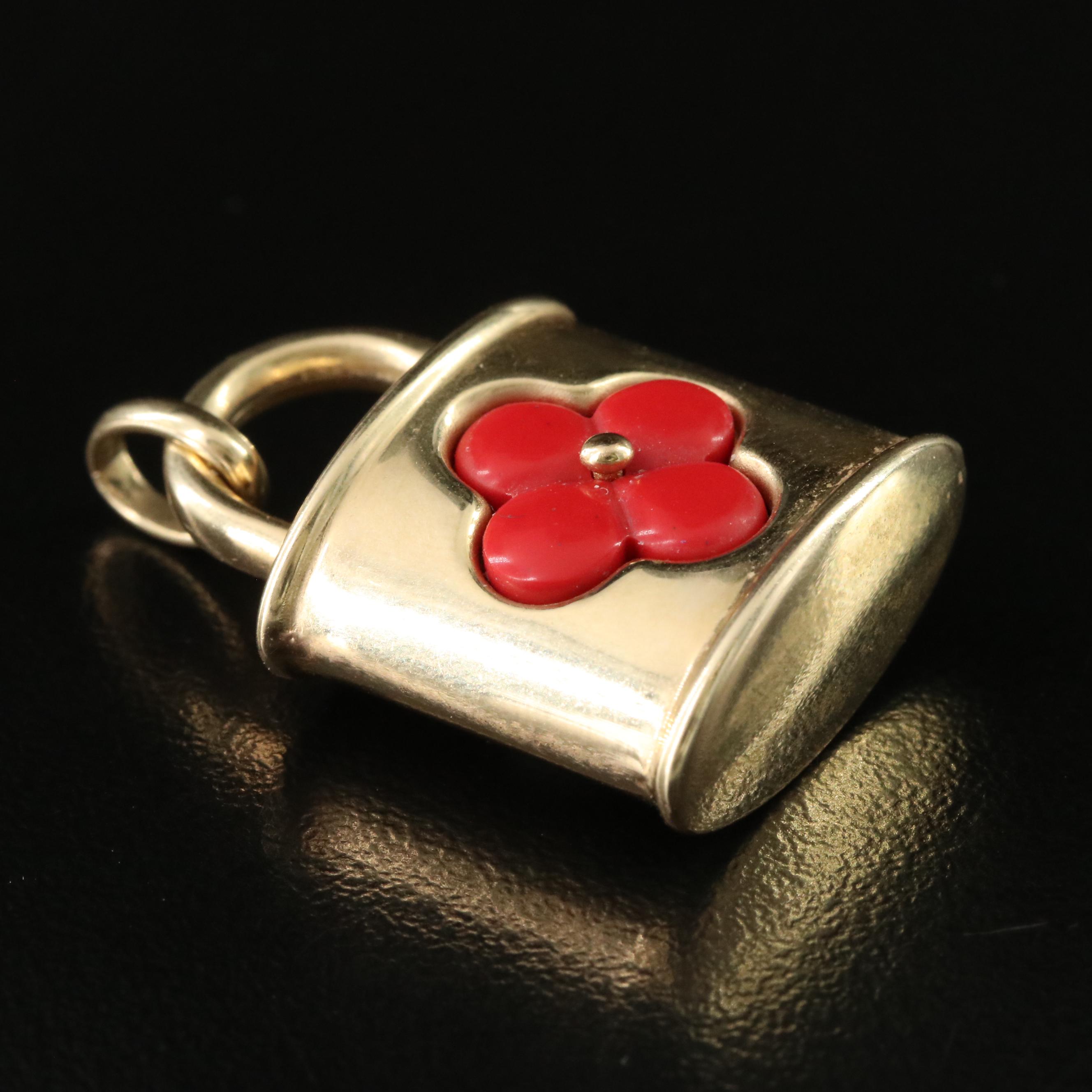 14K Mother-of-Pearl and Coral Padlock Pendant