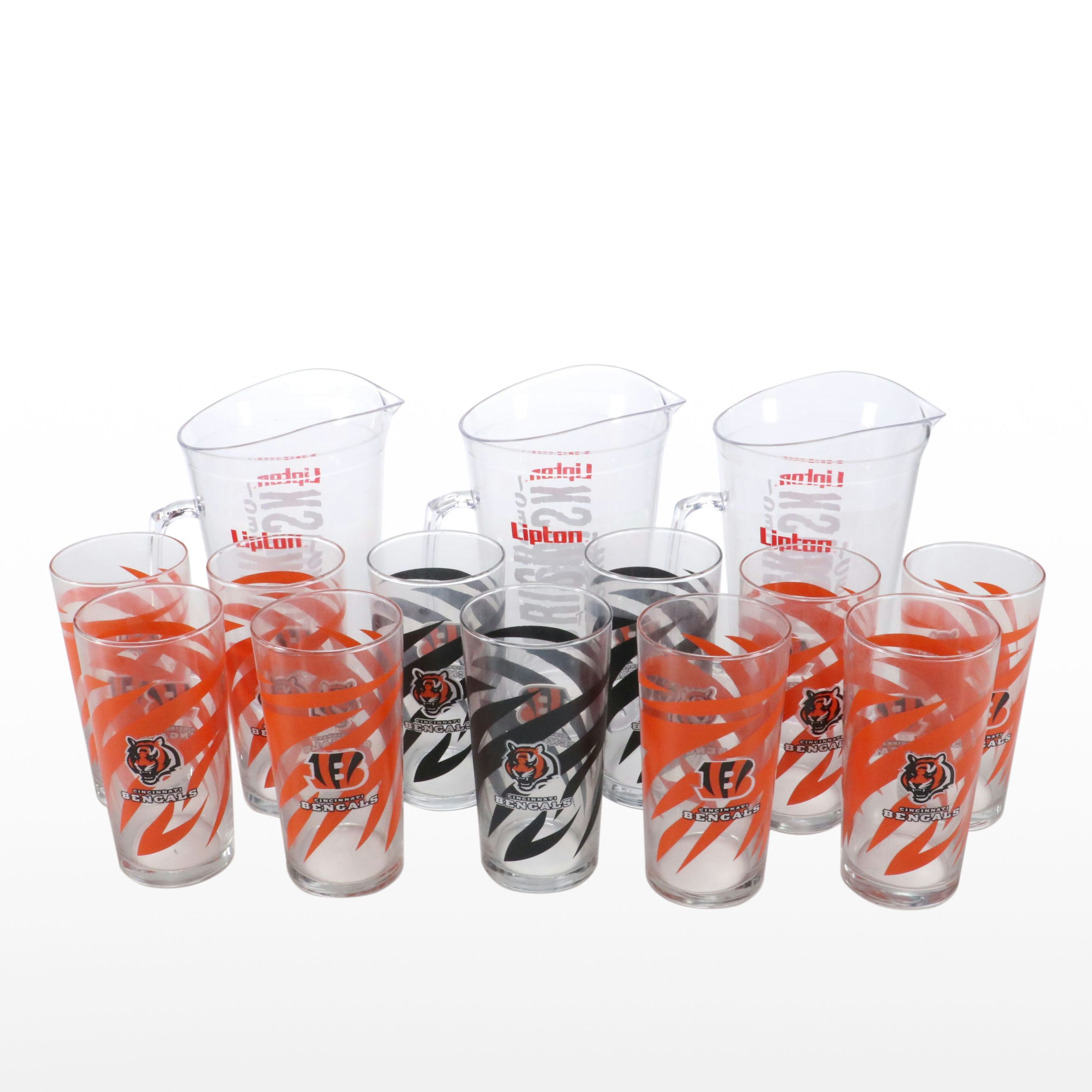 Libbey Glass Cincinnati Bengals Glass Tumblers with Lipton Plastic Pitcher