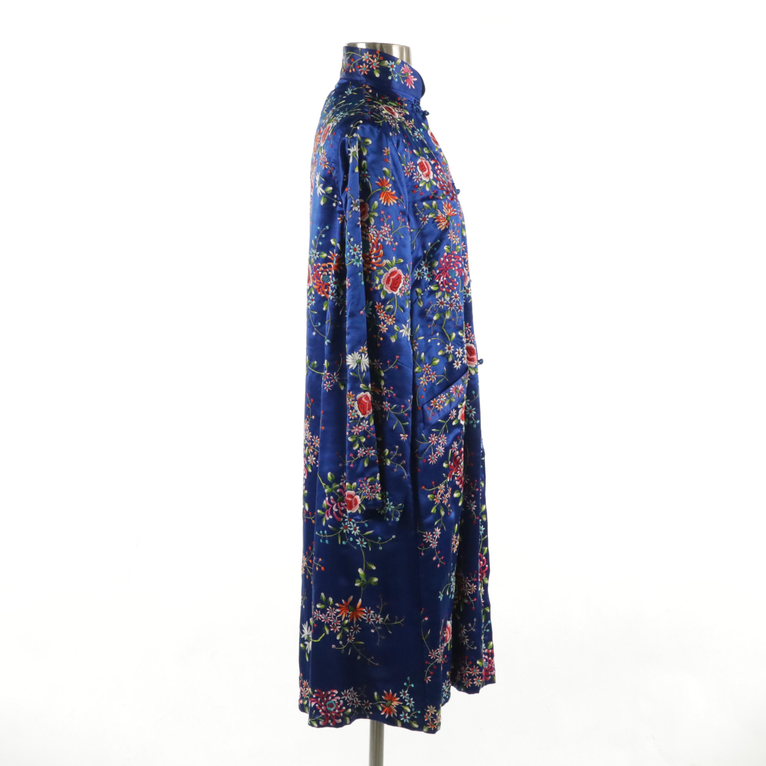 Chinese Floral Embroidered Silk Mandarin Long Jacket