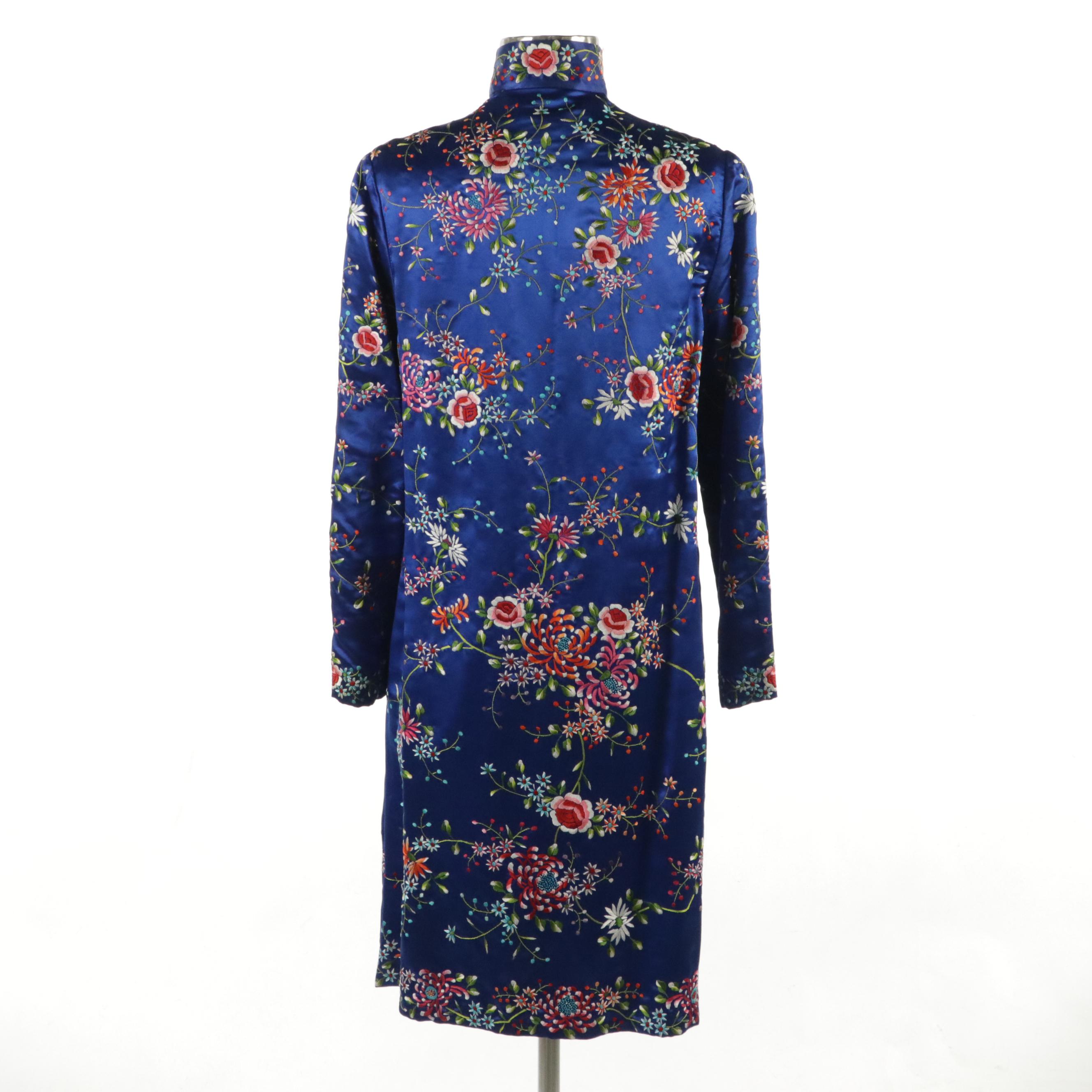 Chinese Floral Embroidered Silk Mandarin Long Jacket