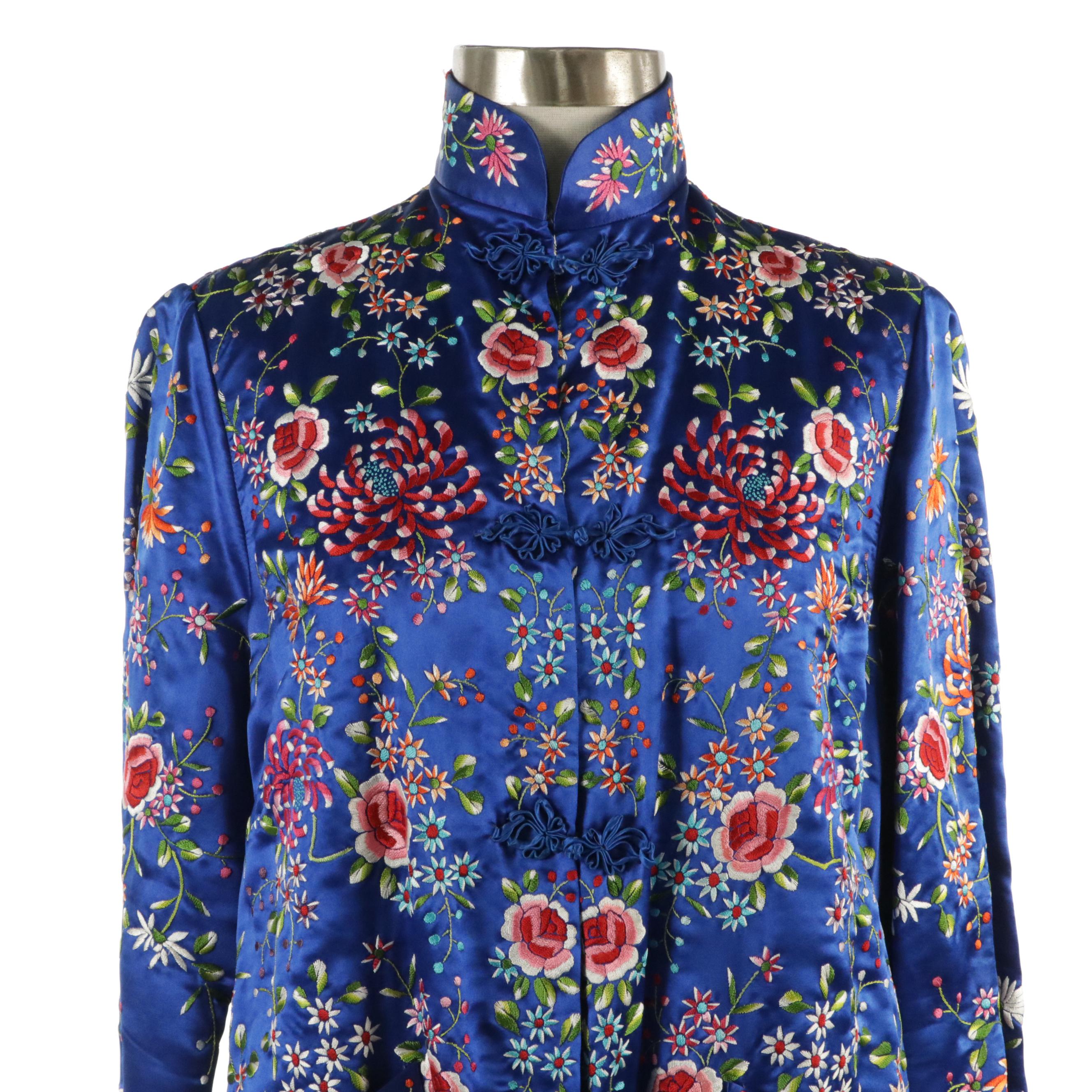 Chinese Floral Embroidered Silk Mandarin Long Jacket