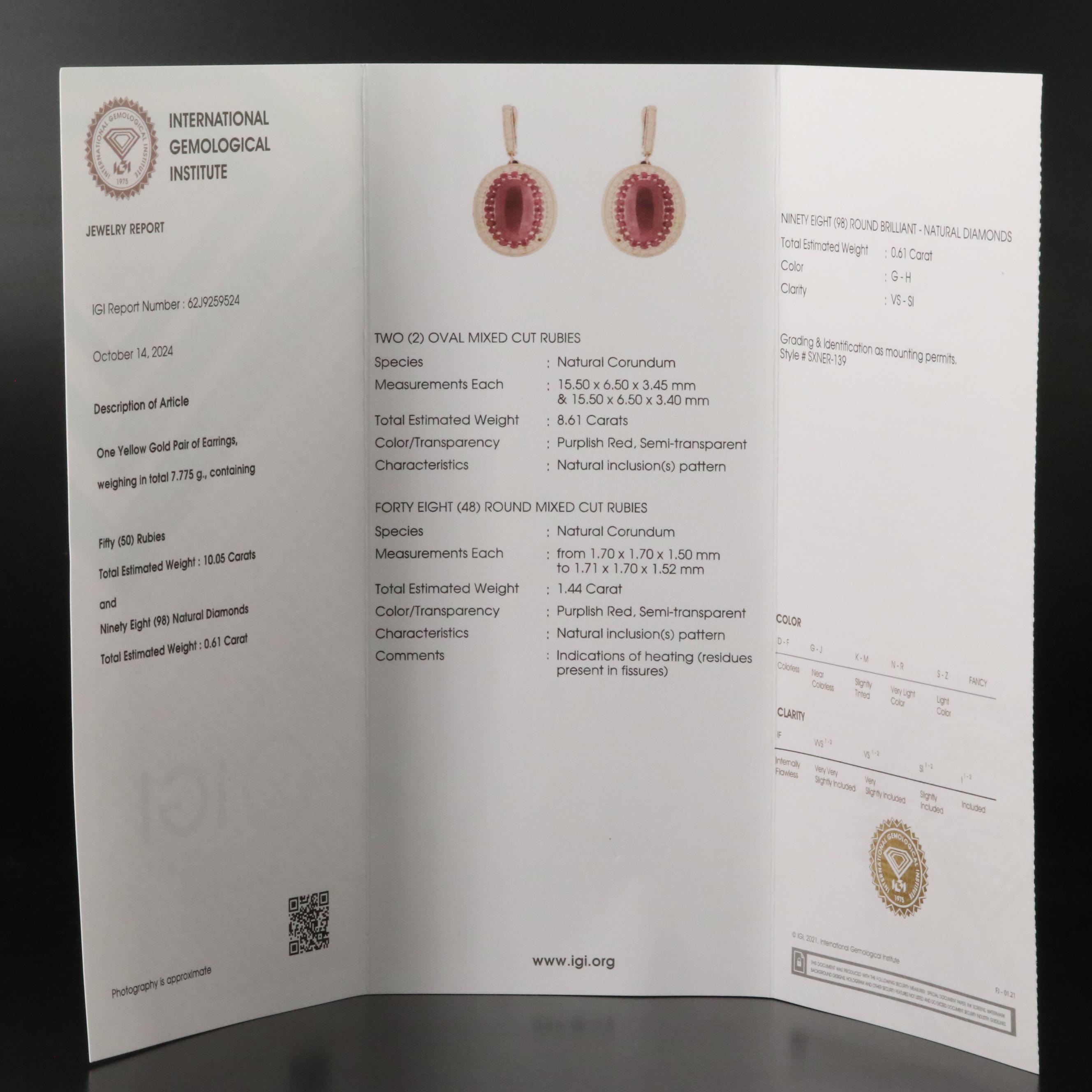 14K 10.05 CTW Ruby and Diamond Earrings with 8.61 CTW Centers and IGI Report