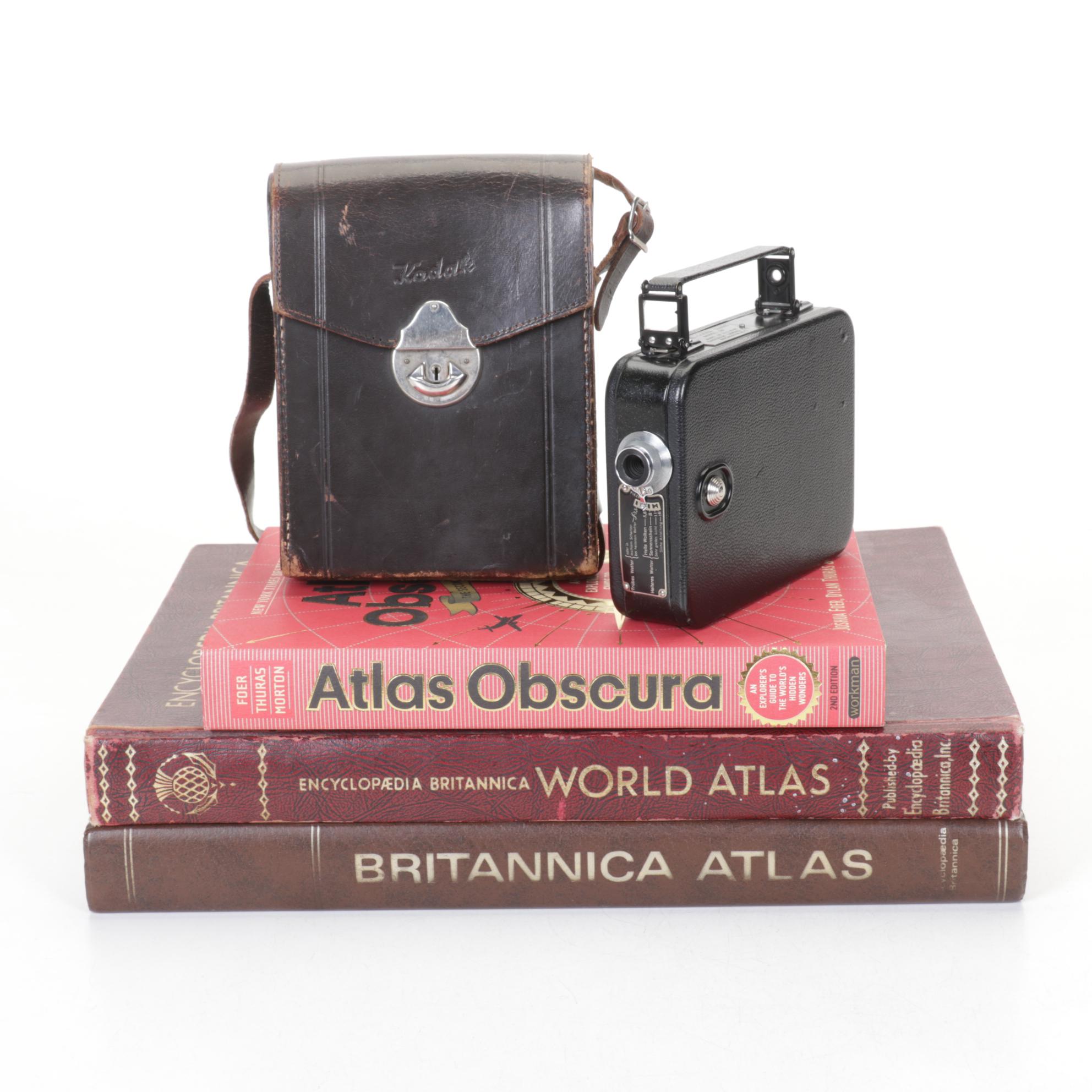 Ciné-Kodak Eight Model 20 Camera with 1960 Britannica World Atlas & More
