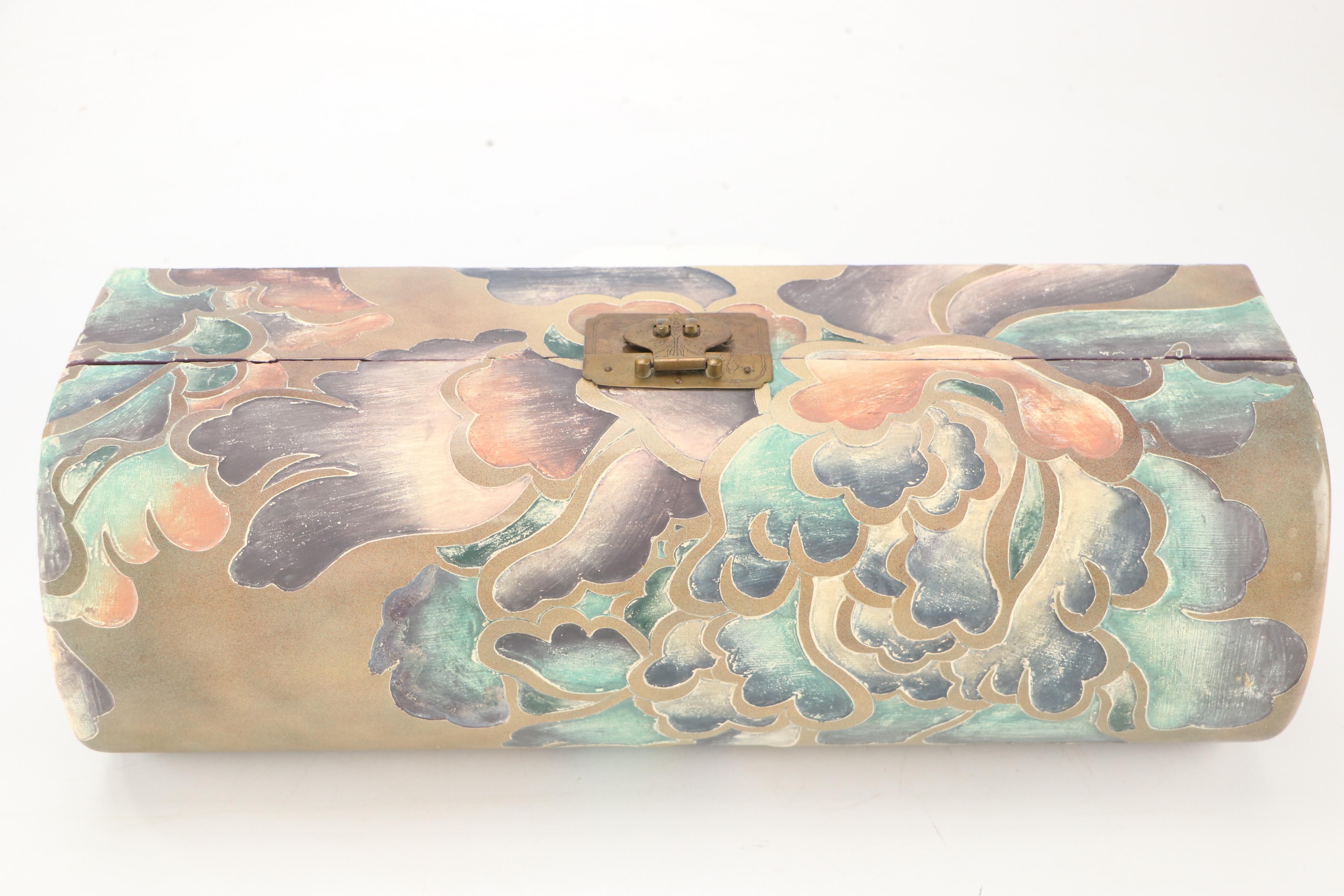 Dome Top Polychrome Decorative Box with Engraved Brass Latch, 20th Century