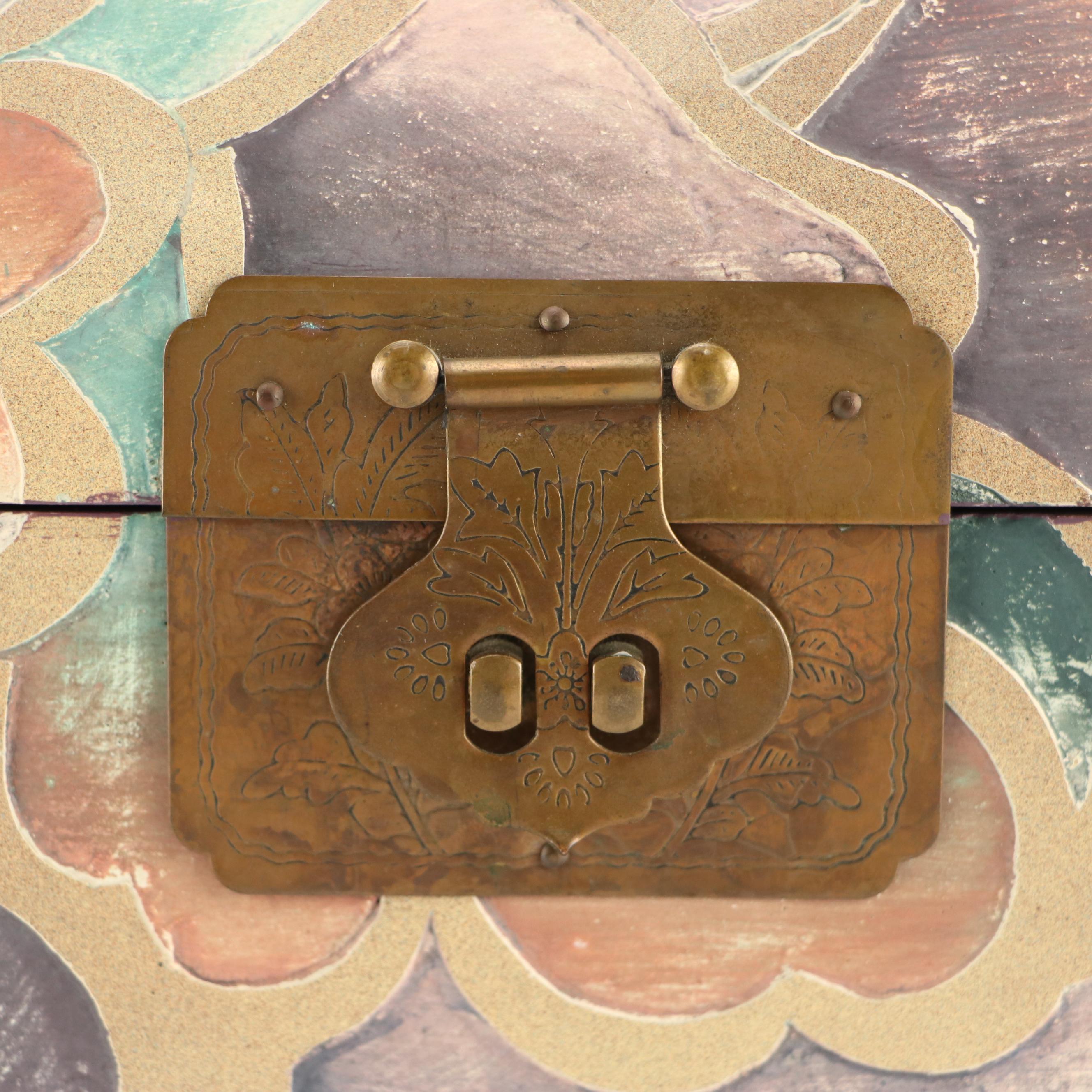 Dome Top Polychrome Decorative Box with Engraved Brass Latch, 20th Century