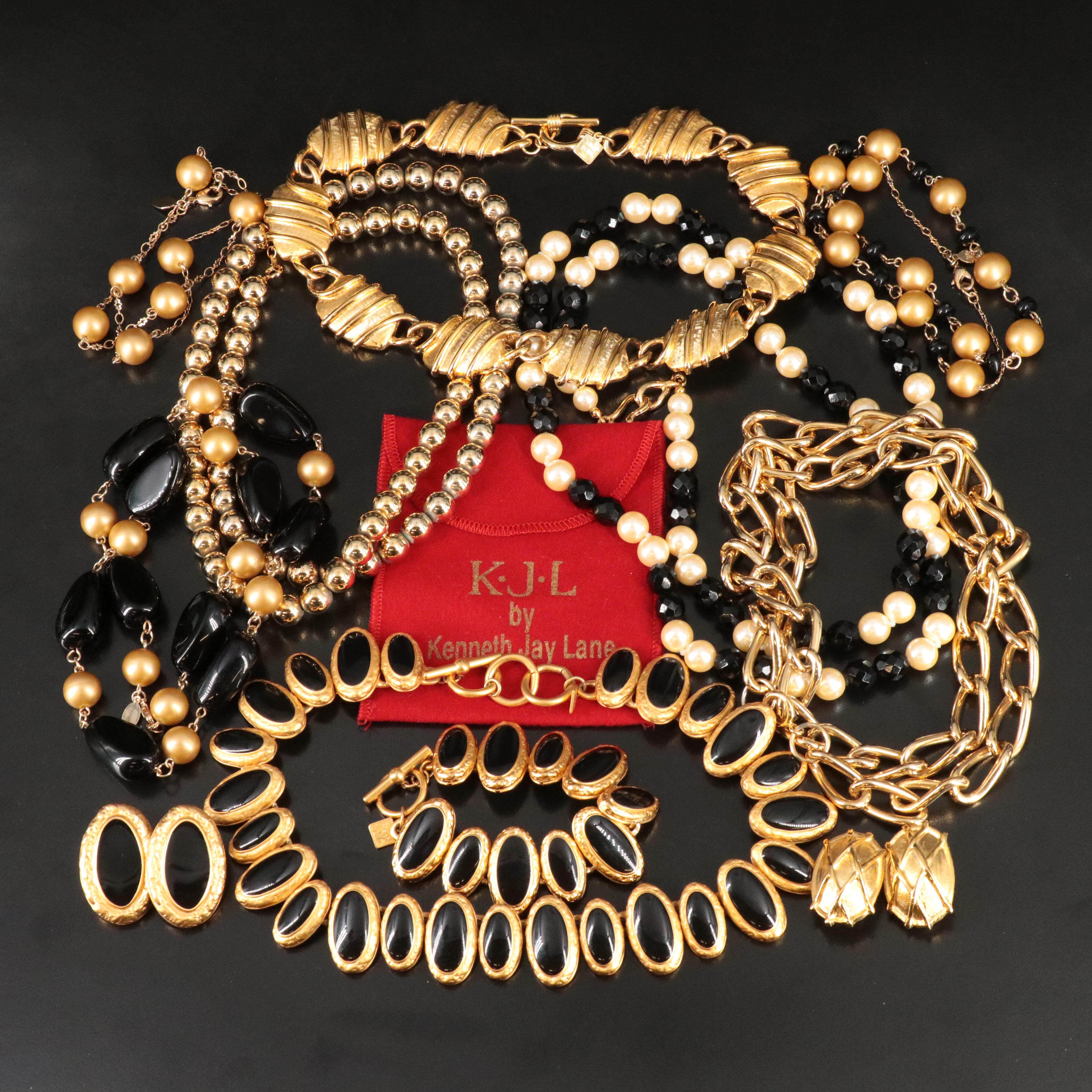 Anne Klein and Kenneth Jay Lane Featured in Black and Gold-Tone Jewelry