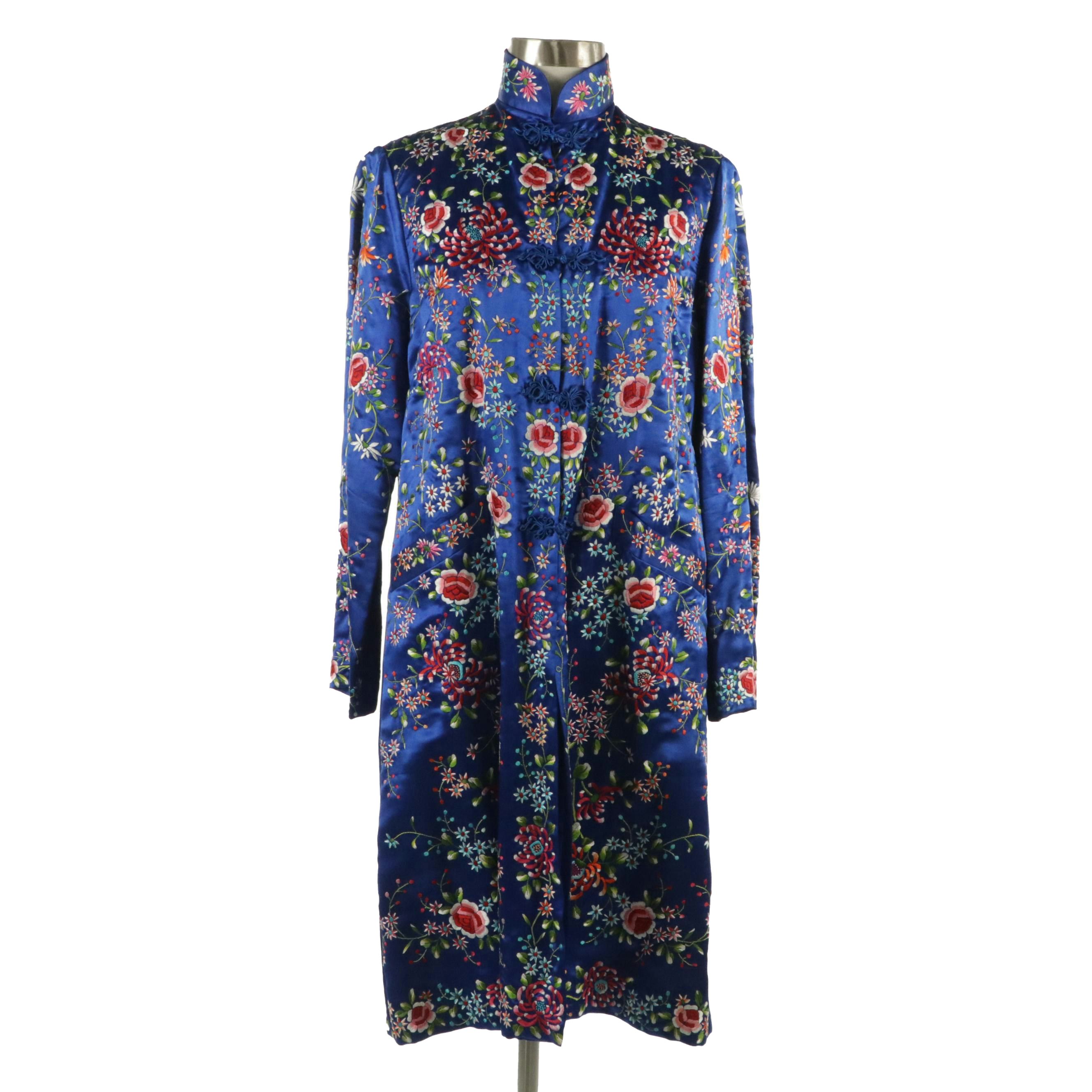Chinese Floral Embroidered Silk Mandarin Long Jacket