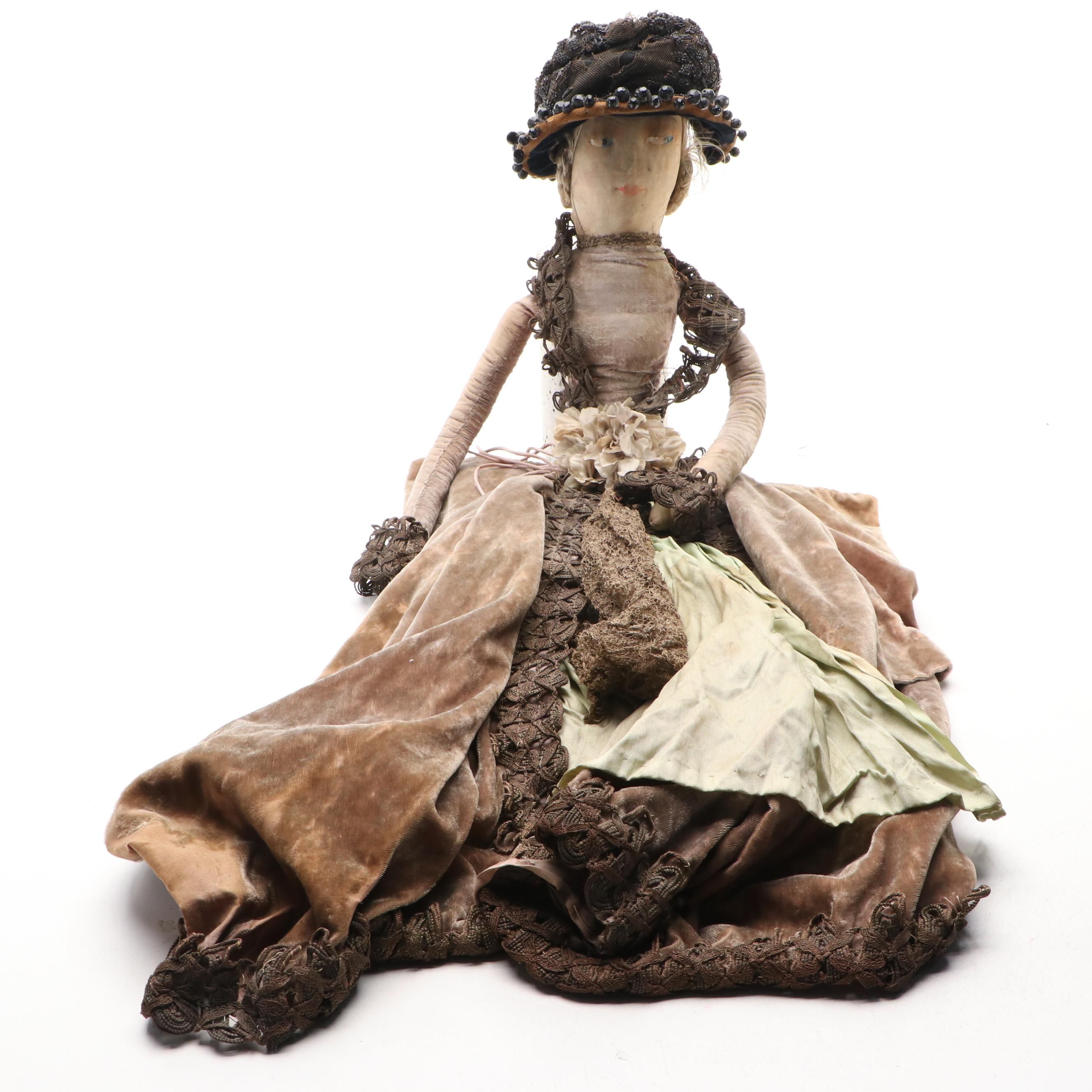 Victorian Style Boudoir Doll with Velvet Dress and Hand-Beaded Bonnet