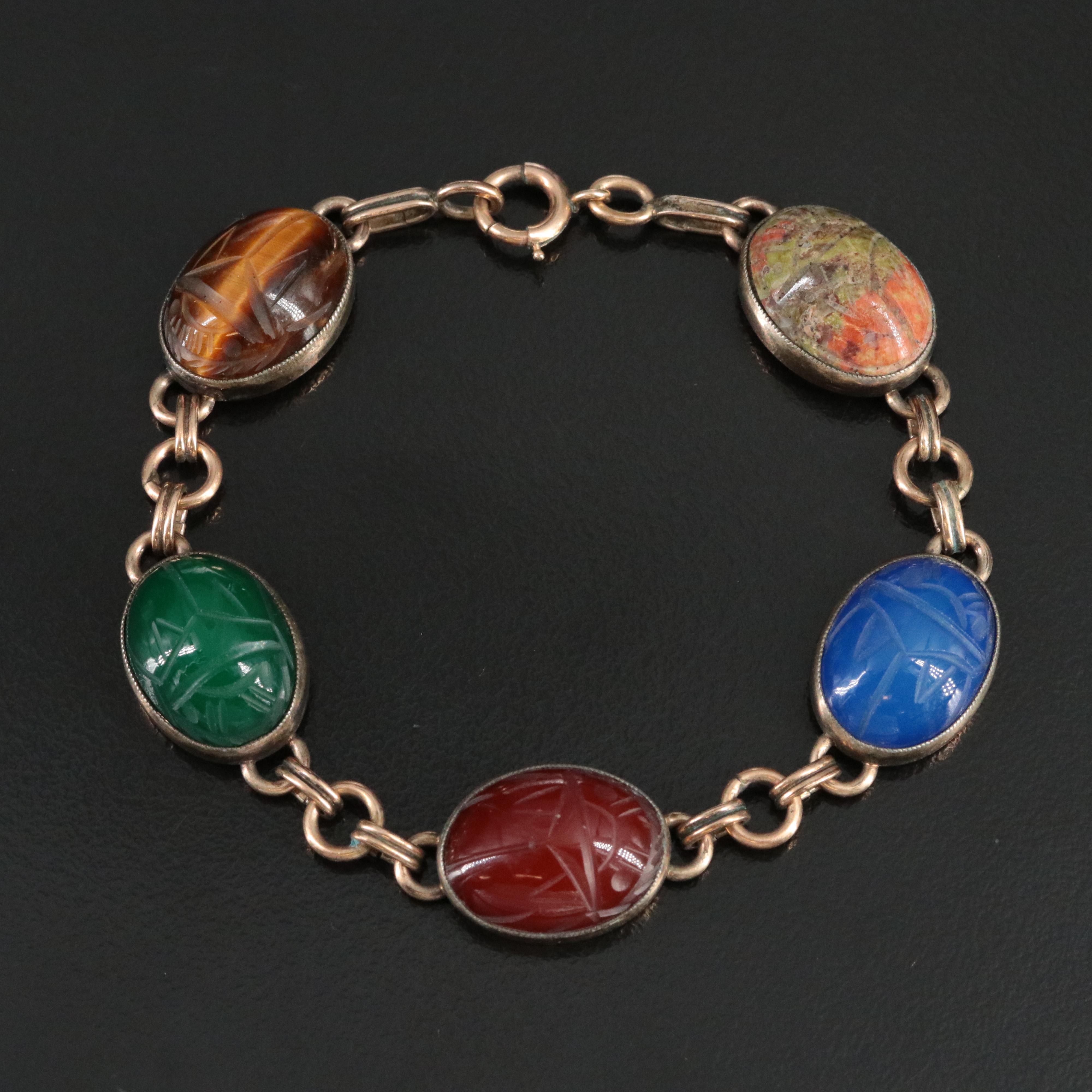 Carved Gemstone Scarab Bracelet Featuring Tiger's Eye, Chalcedony, and Unakite