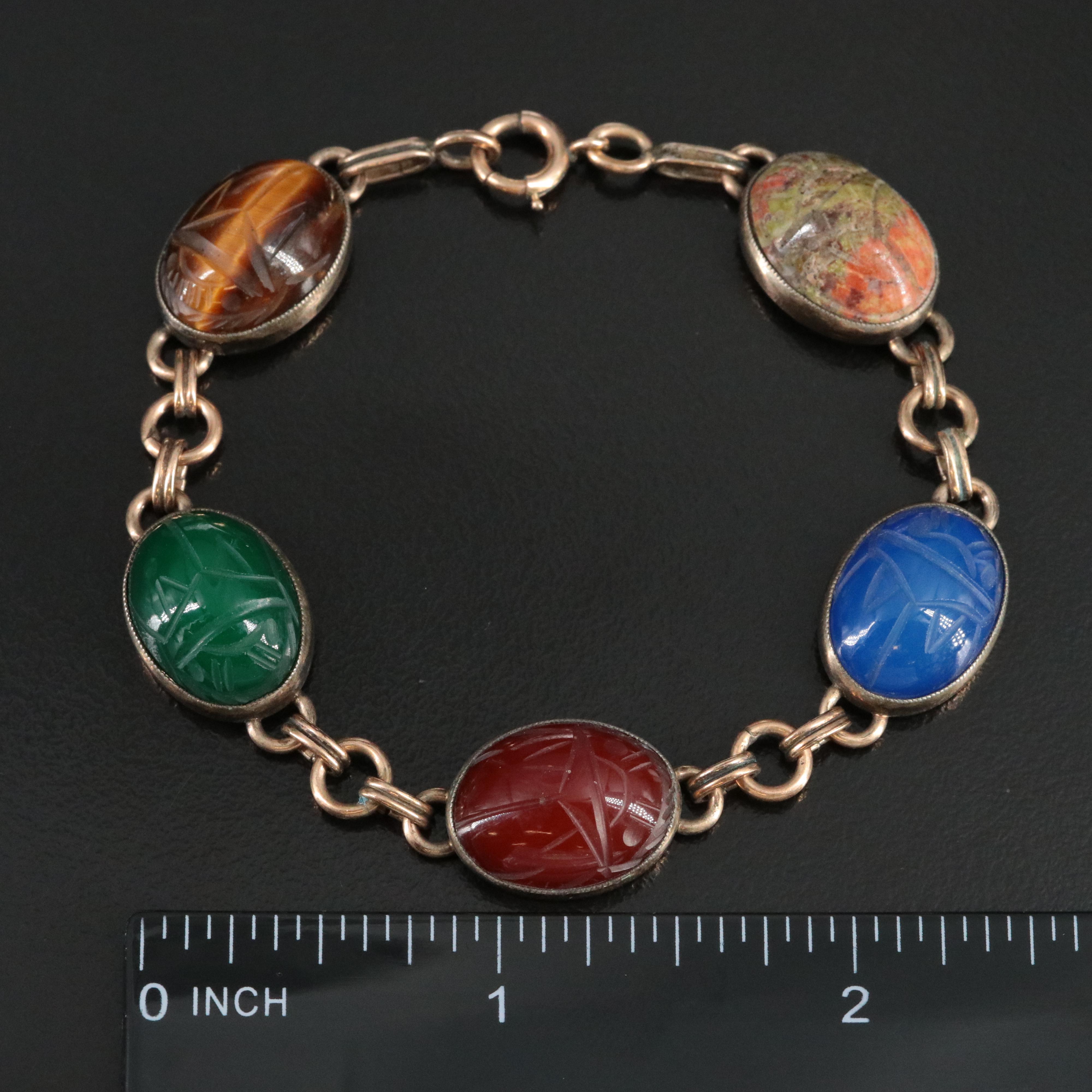 Carved Gemstone Scarab Bracelet Featuring Tiger's Eye, Chalcedony, and Unakite