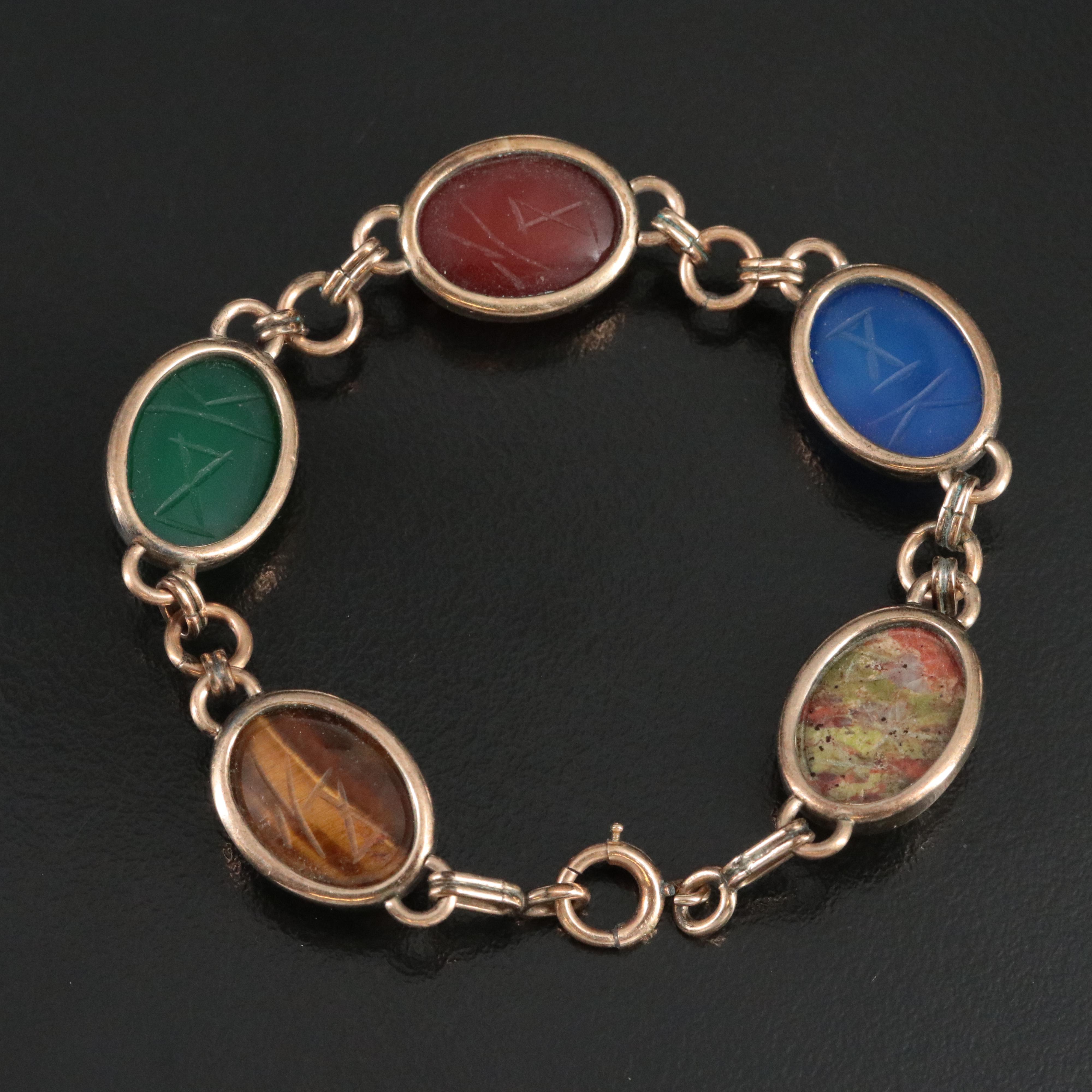 Carved Gemstone Scarab Bracelet Featuring Tiger's Eye, Chalcedony, and Unakite