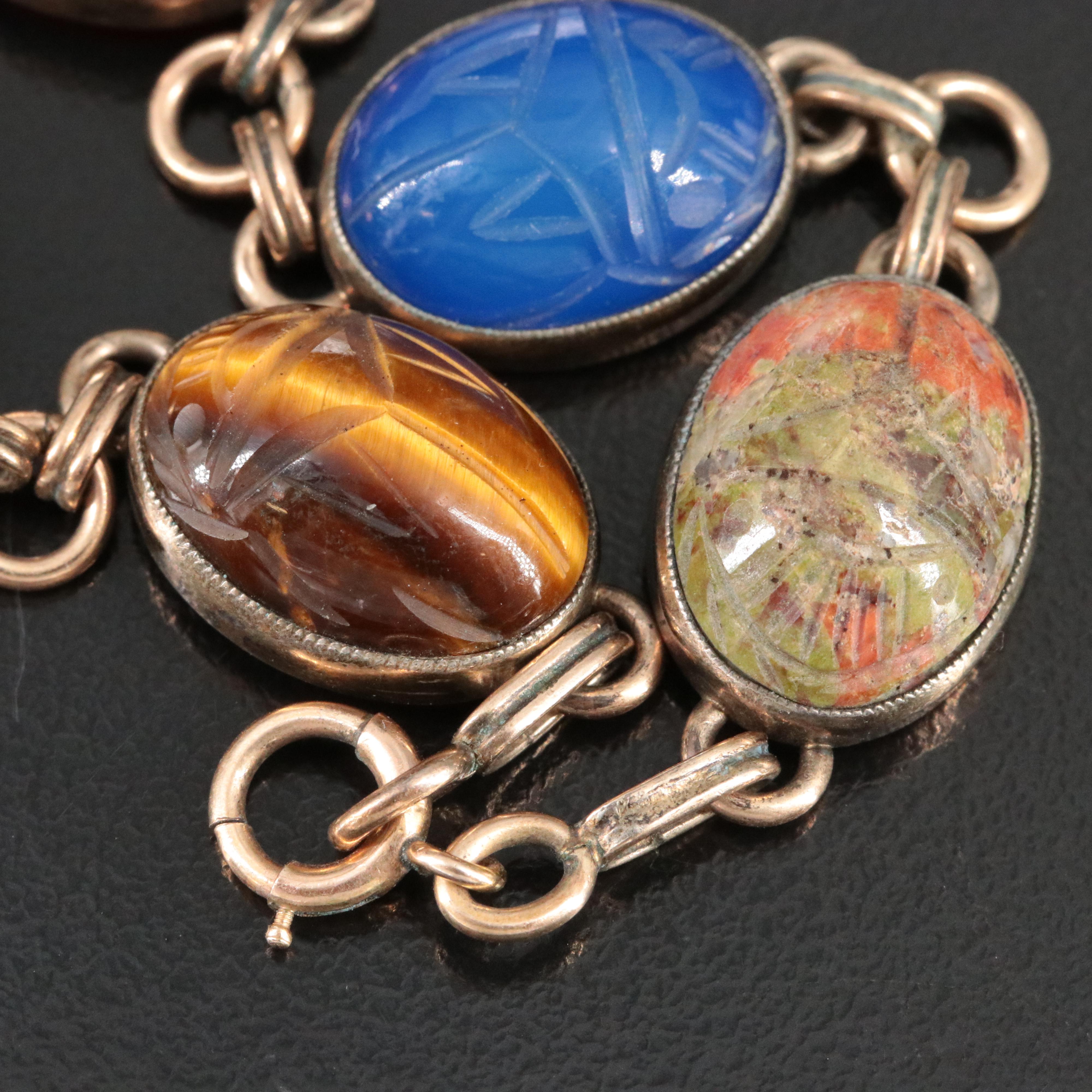 Carved Gemstone Scarab Bracelet Featuring Tiger's Eye, Chalcedony, and Unakite