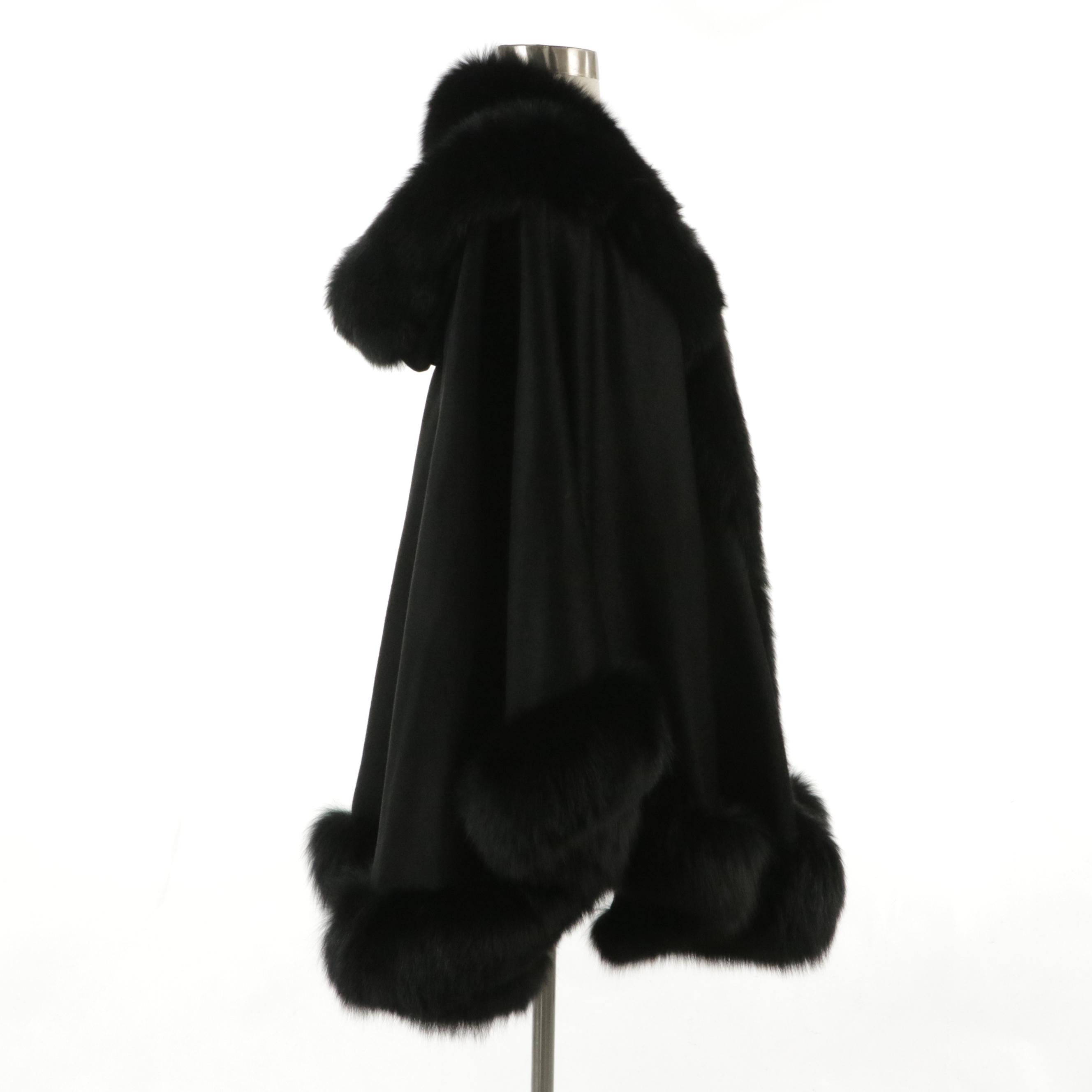 Black Fox Fur-Trimmed Cashmere Convertible Poncho/Cape with Hood