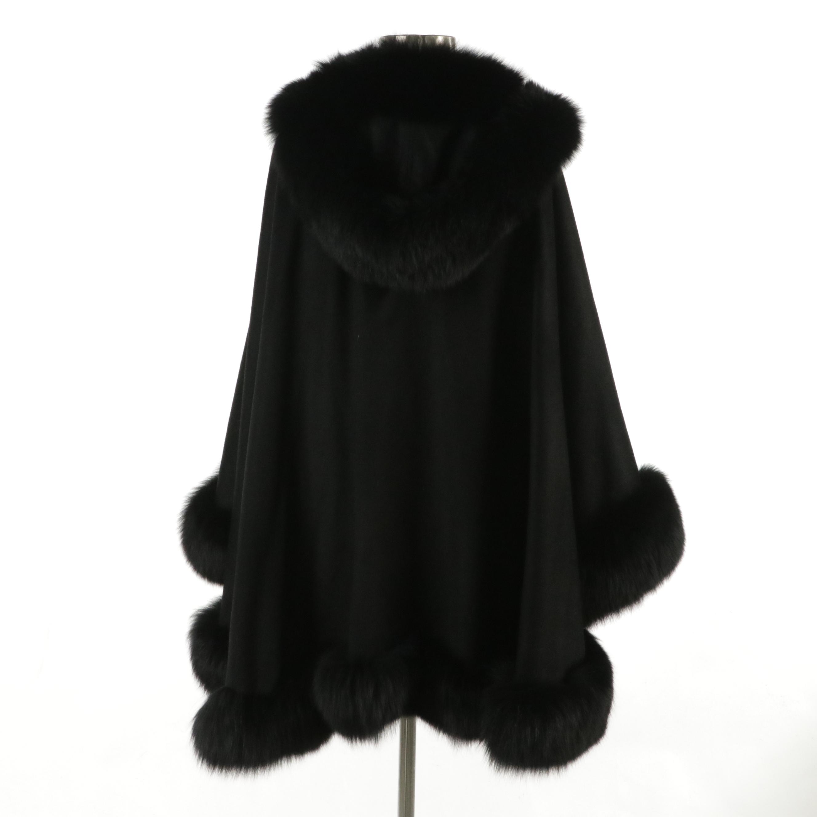 Black Fox Fur-Trimmed Cashmere Convertible Poncho/Cape with Hood