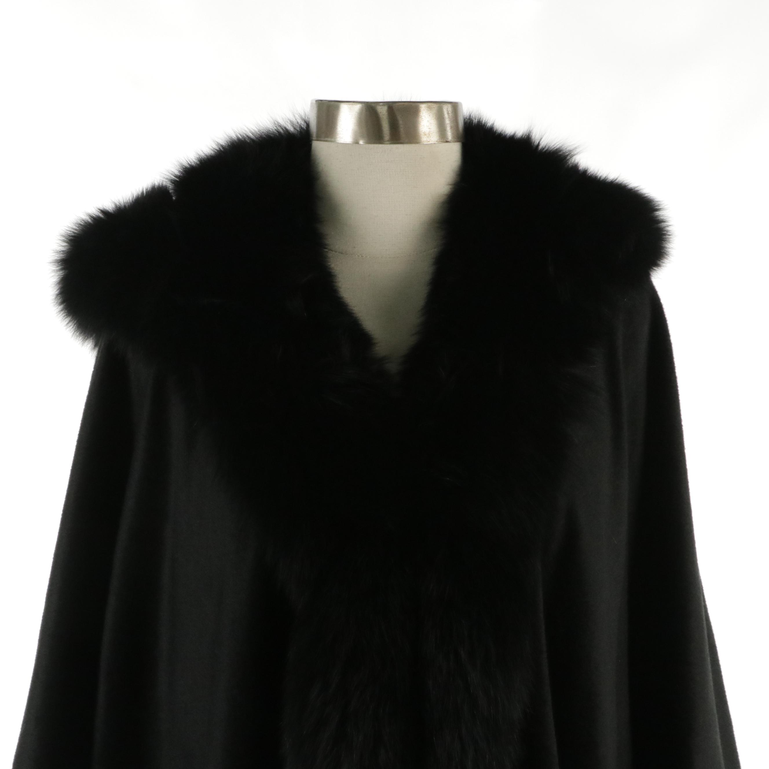 Black Fox Fur-Trimmed Cashmere Convertible Poncho/Cape with Hood
