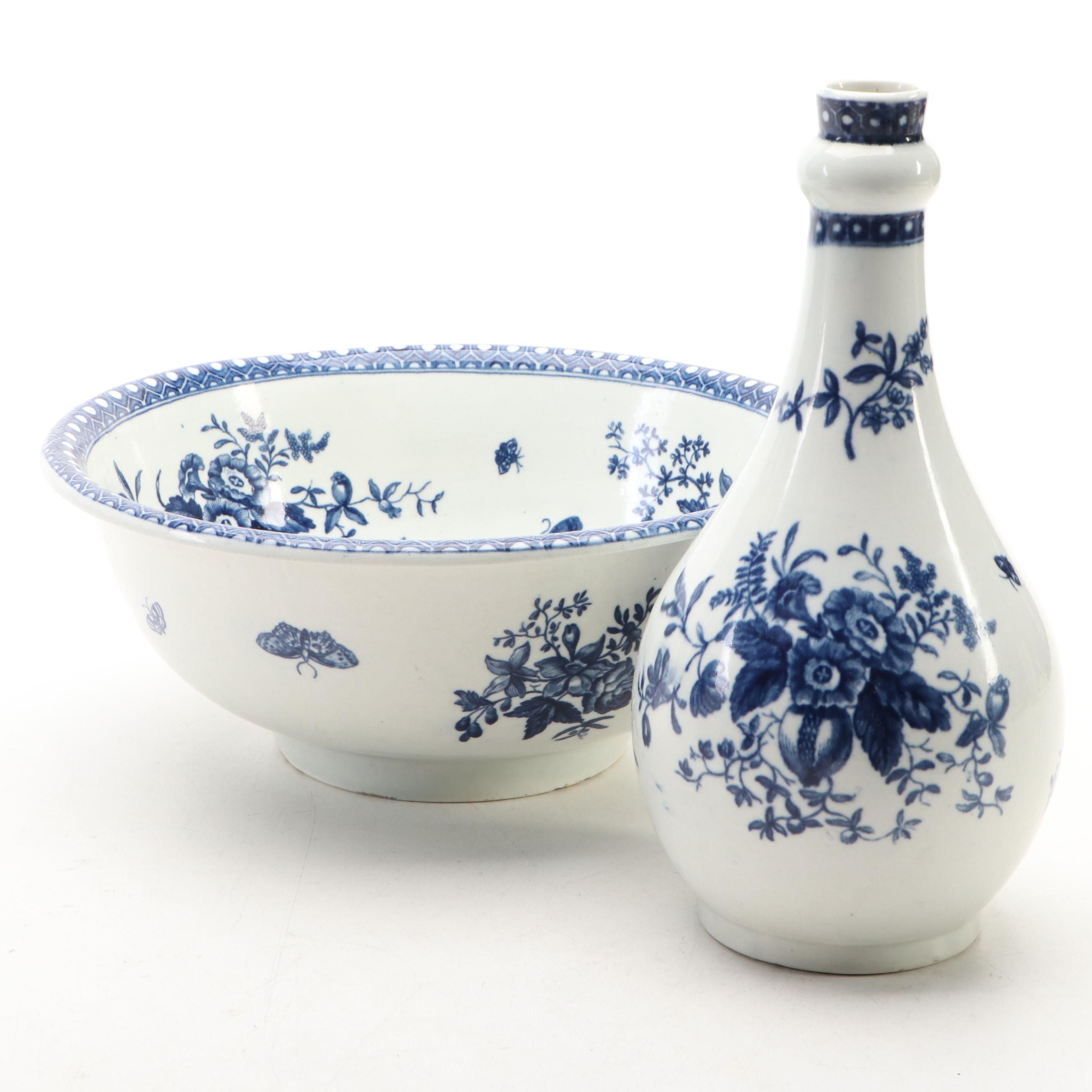 Worcester Dr. Wall Period Blue and White Porcelain Bottle and Bowl, 1751–1783