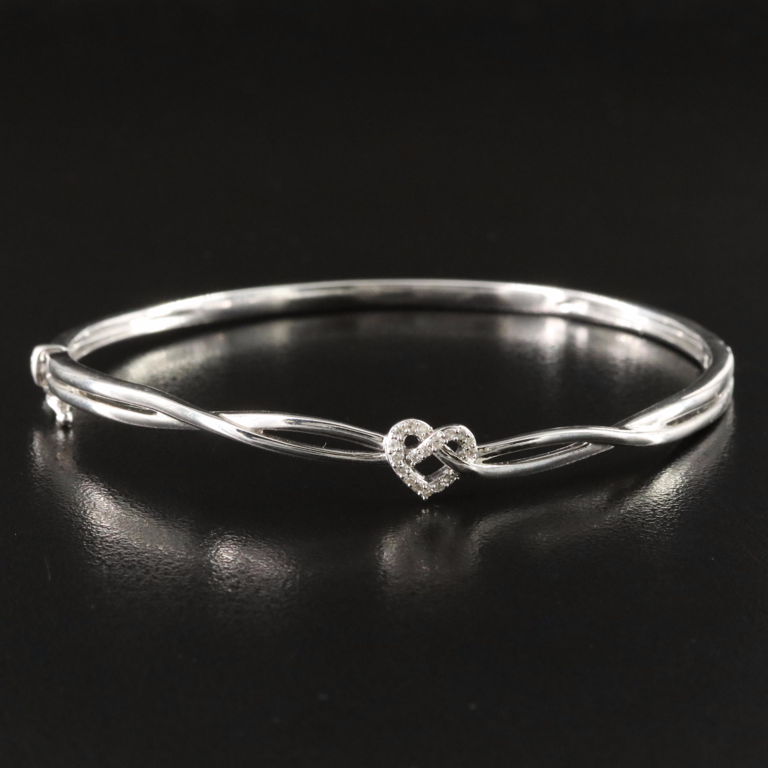 Sterling Diamond Heart Knot Hinged Bangle Bracelet