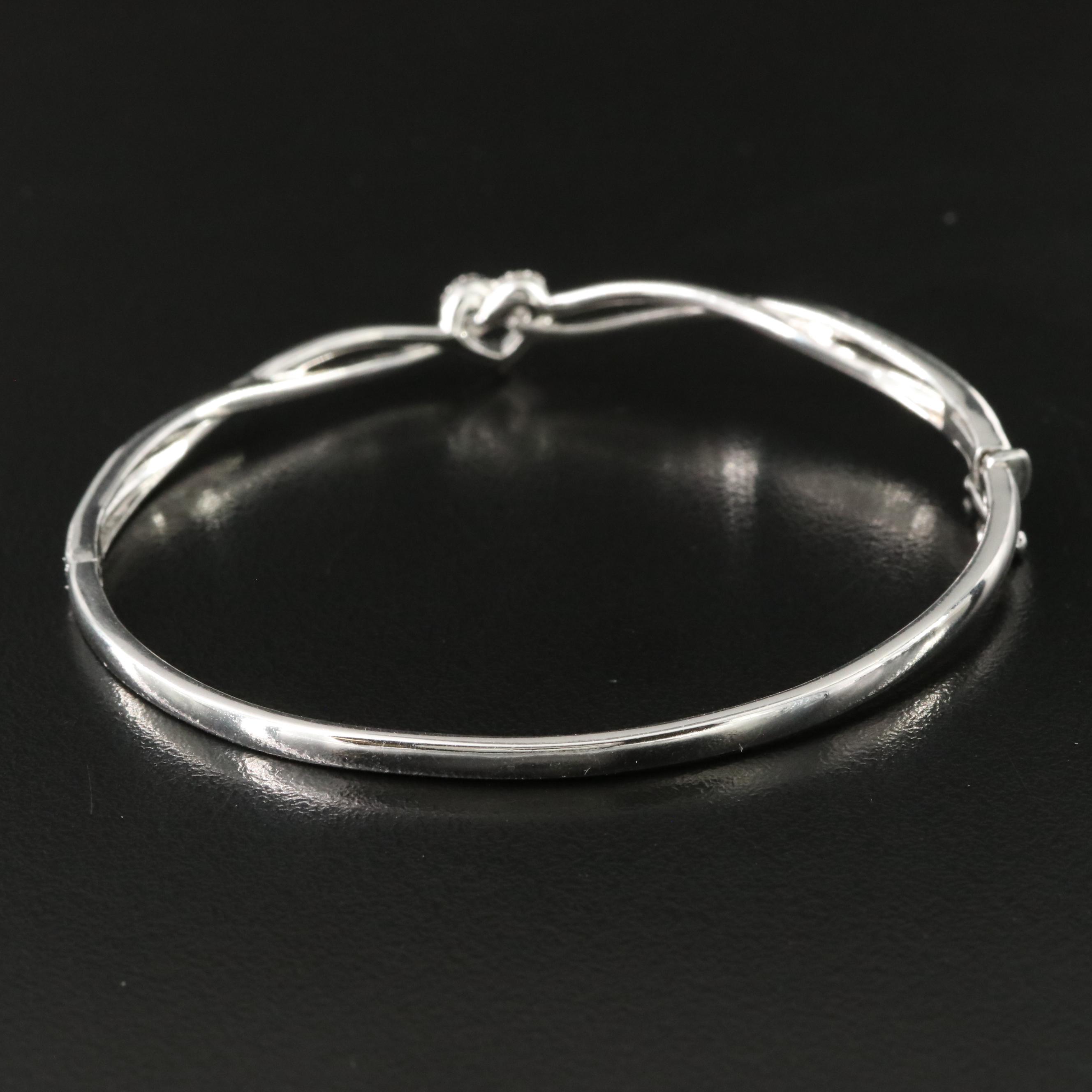 Sterling Diamond Heart Knot Hinged Bangle Bracelet