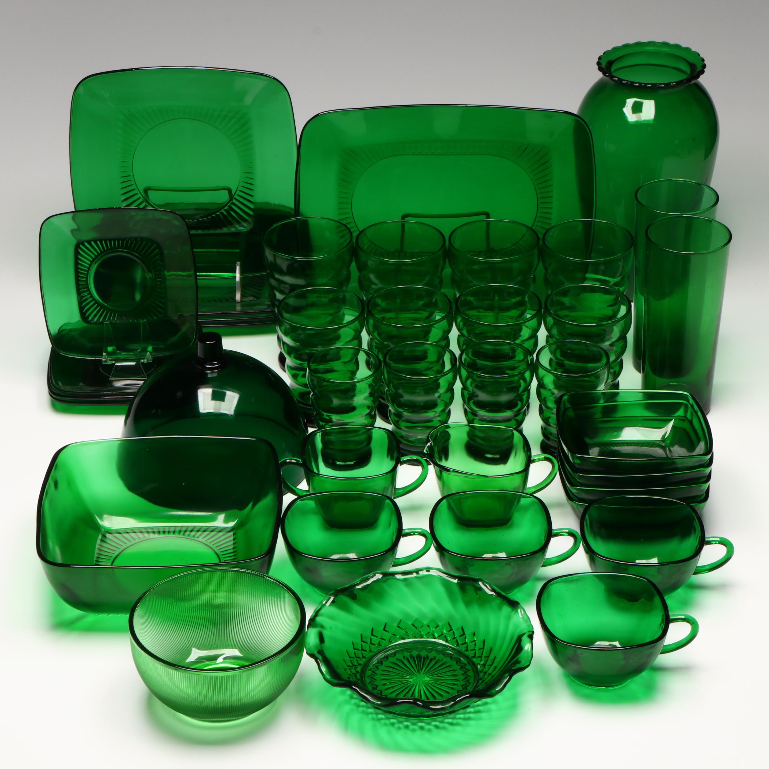 Anchor Hocking "Charm" Forest Green Glass Dinnerware, Serveware and More, 1950s