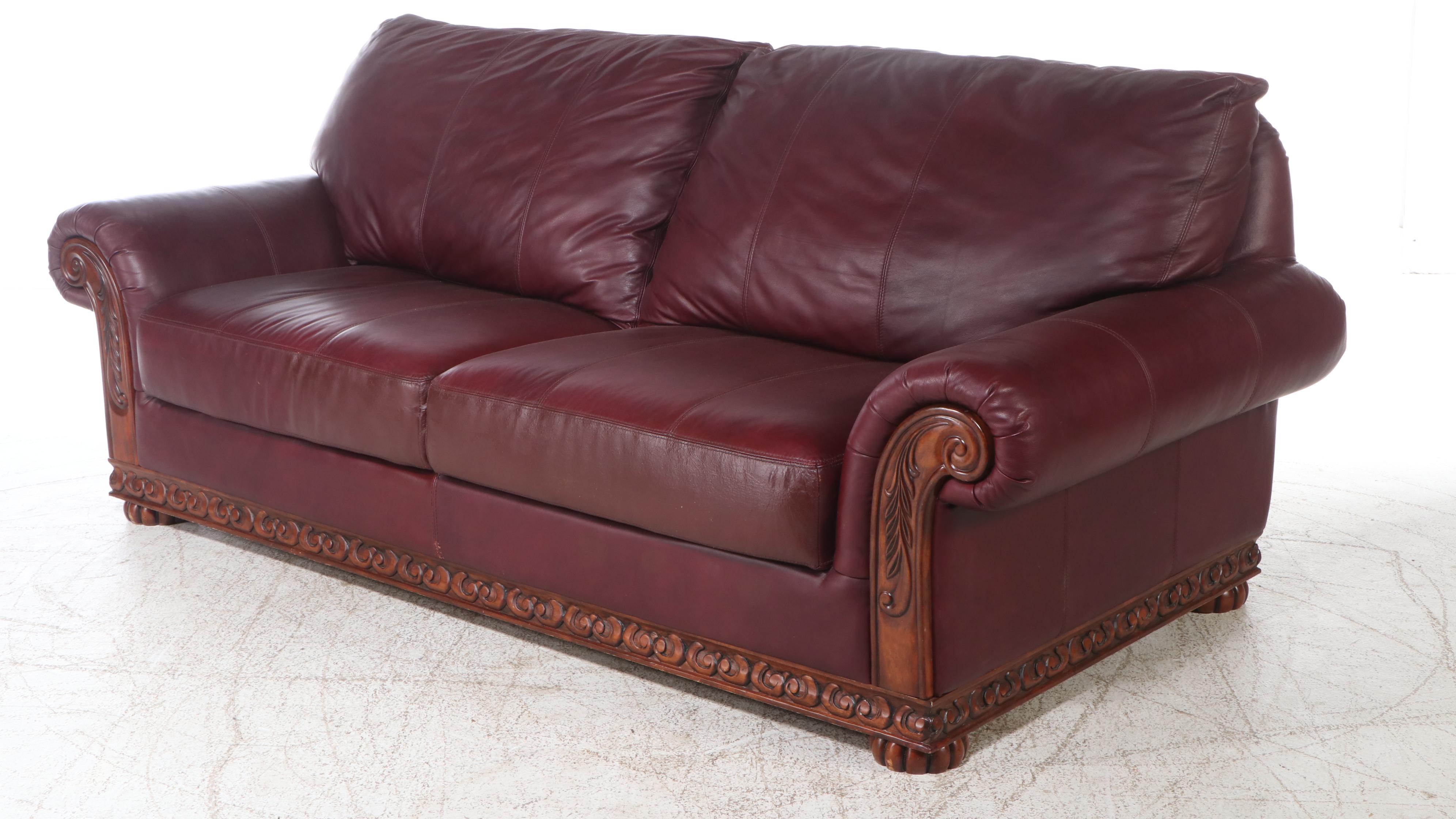 Carved Wood and Leather Sofa