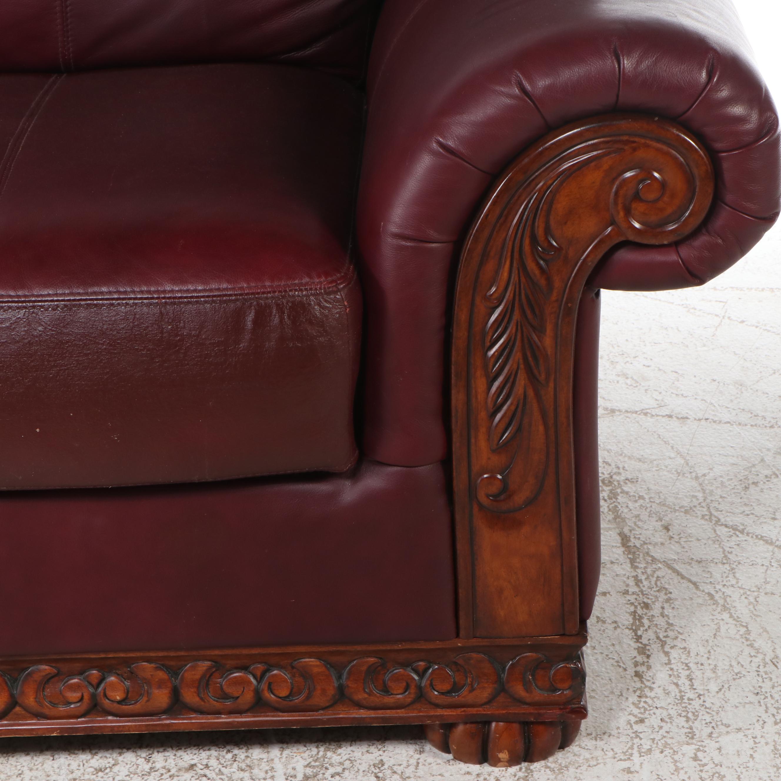 Carved Wood and Leather Sofa