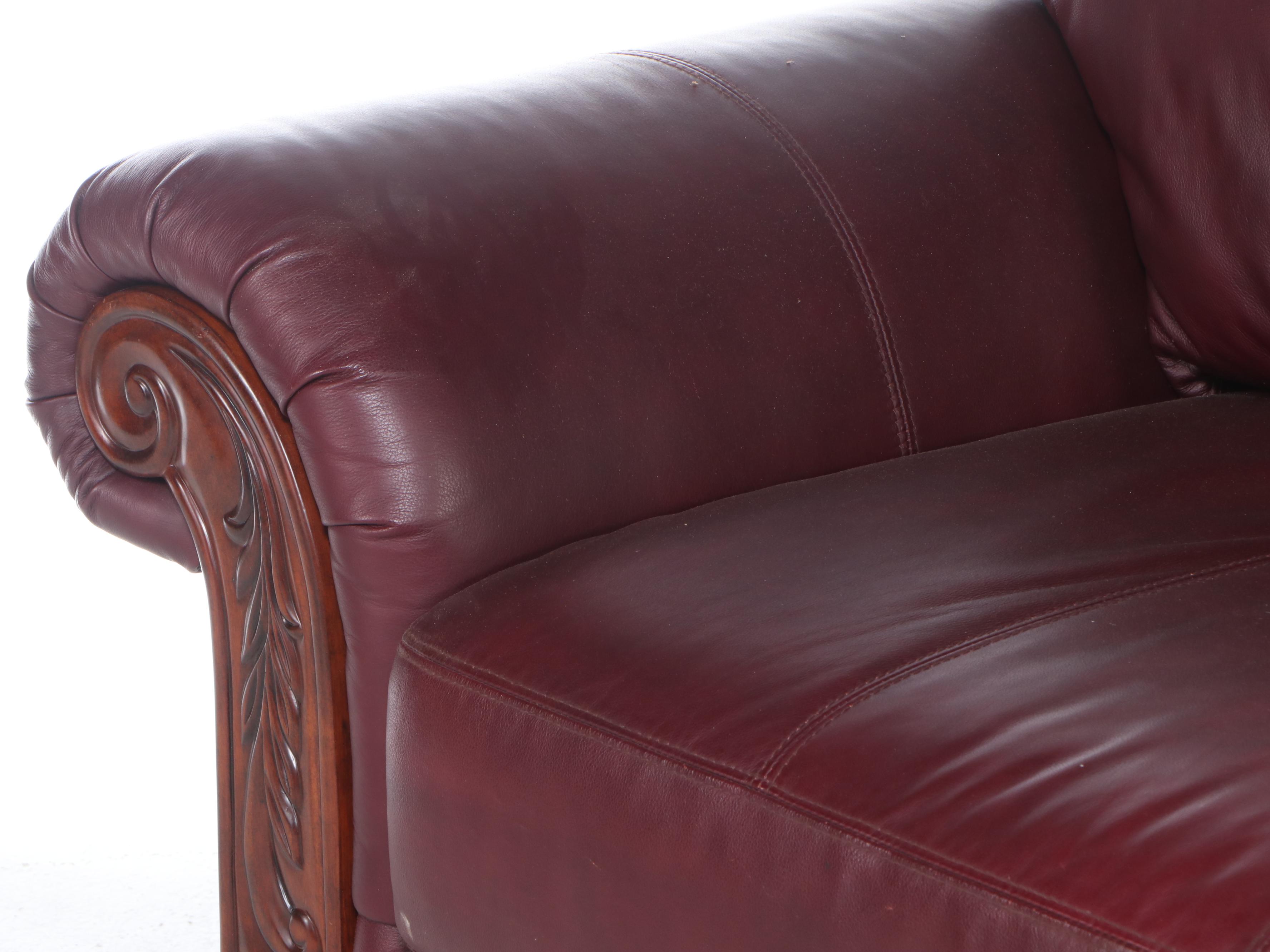 Carved Wood and Leather Sofa