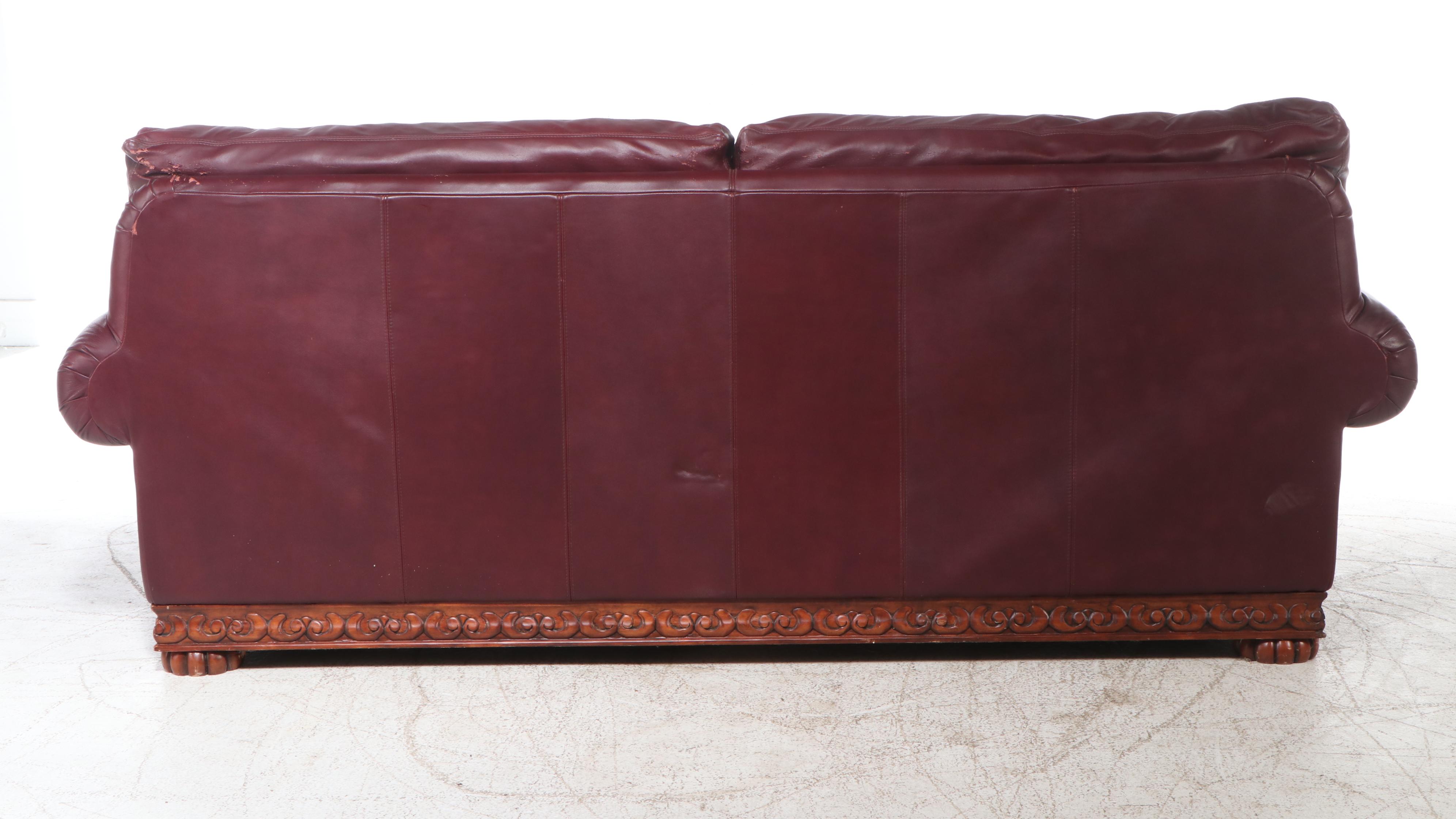 Carved Wood and Leather Sofa