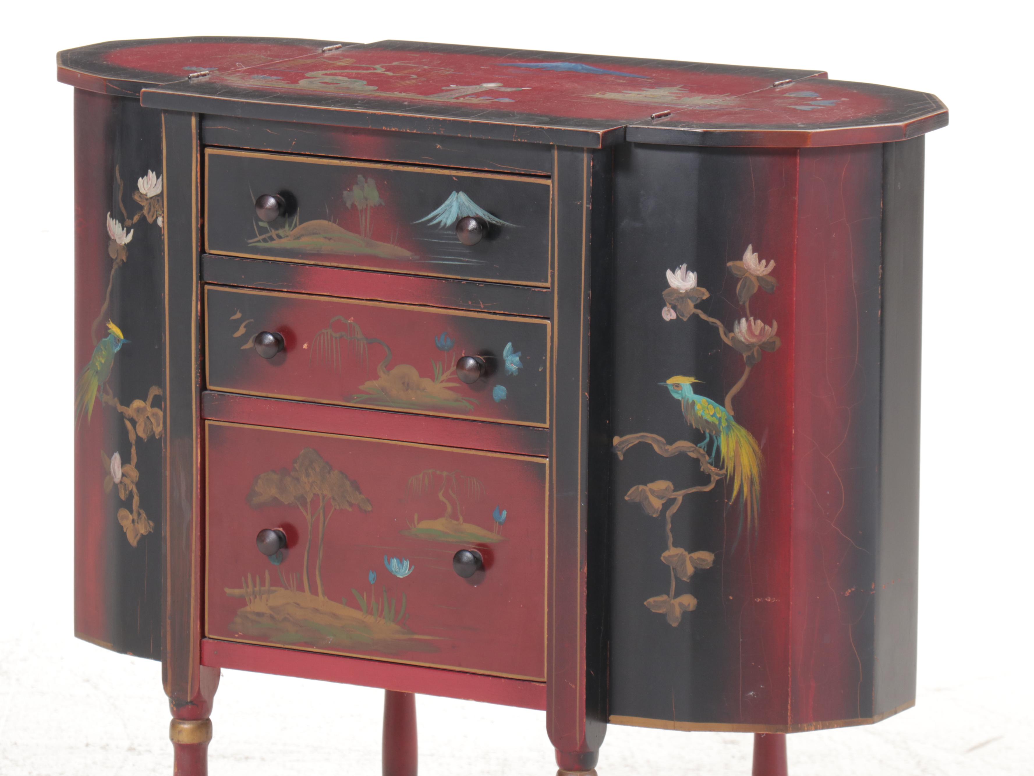 Chinoiserie Painted Decorated Martha Washington Sewing Table, Mid to Late 20th C