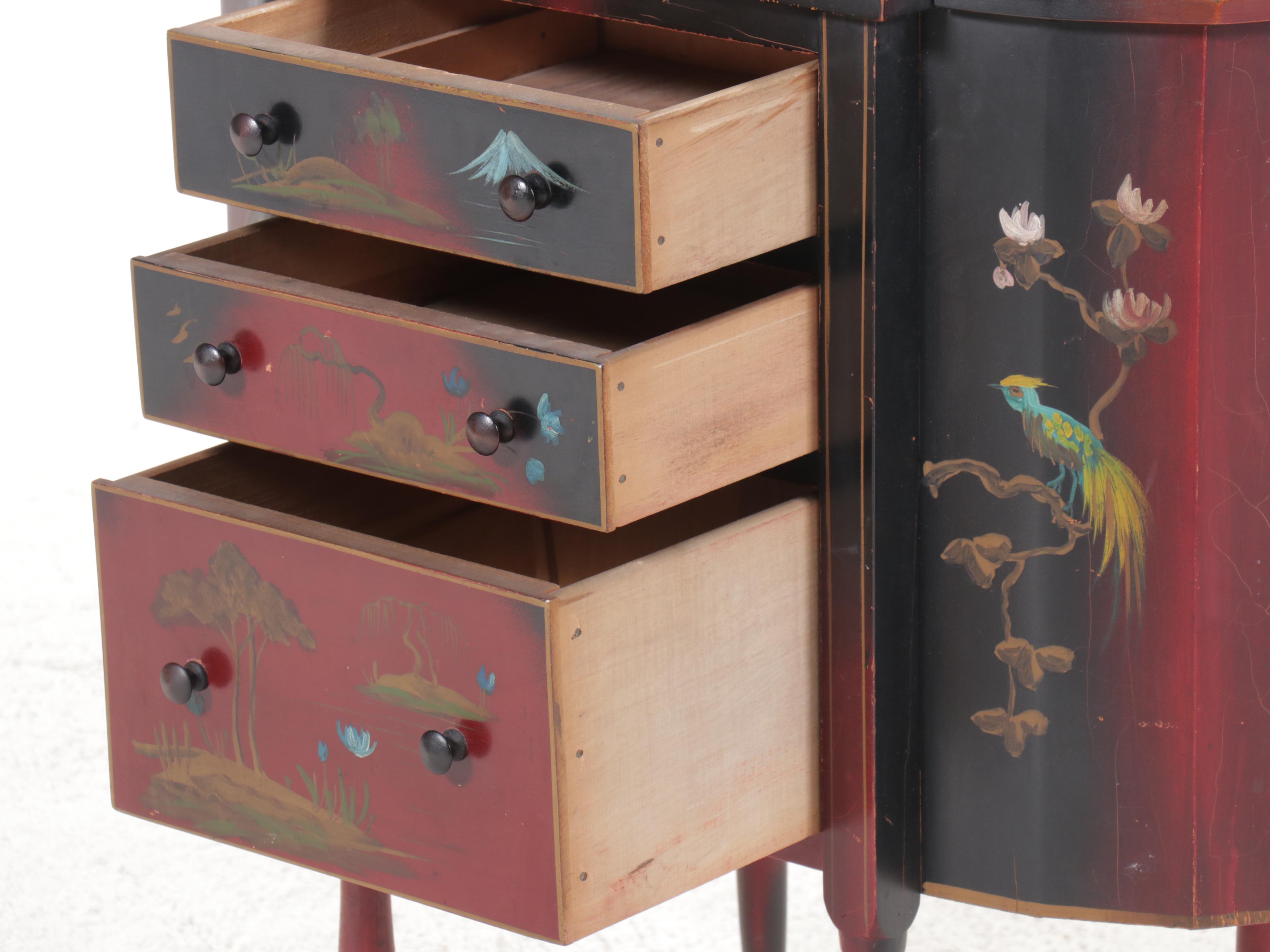 Chinoiserie Painted Decorated Martha Washington Sewing Table, Mid to Late 20th C