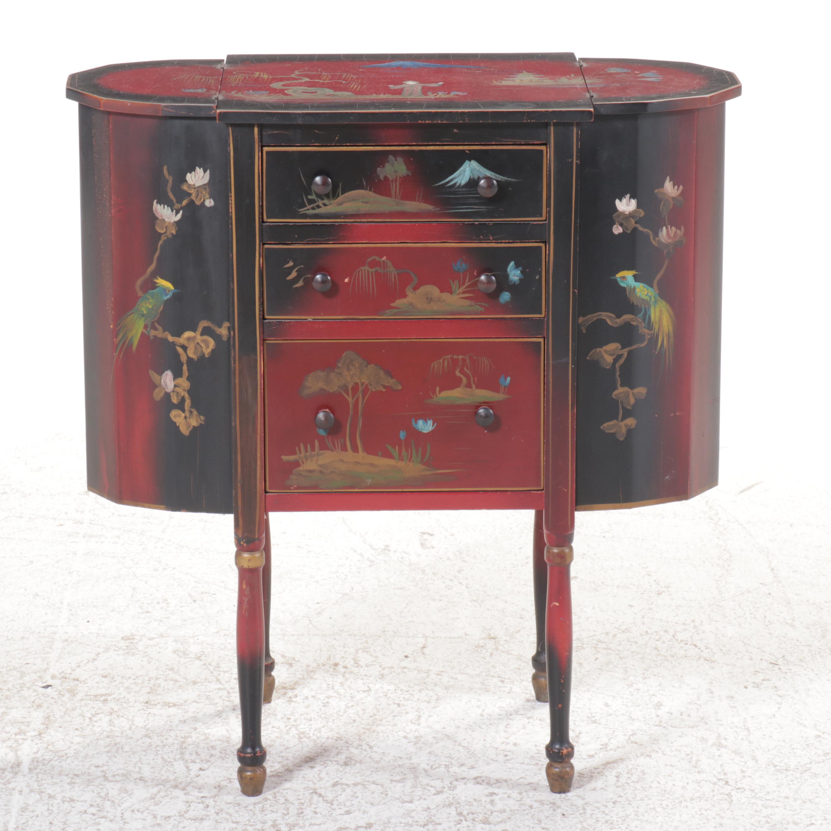 Chinoiserie Painted Decorated Martha Washington Sewing Table, Mid to Late 20th C