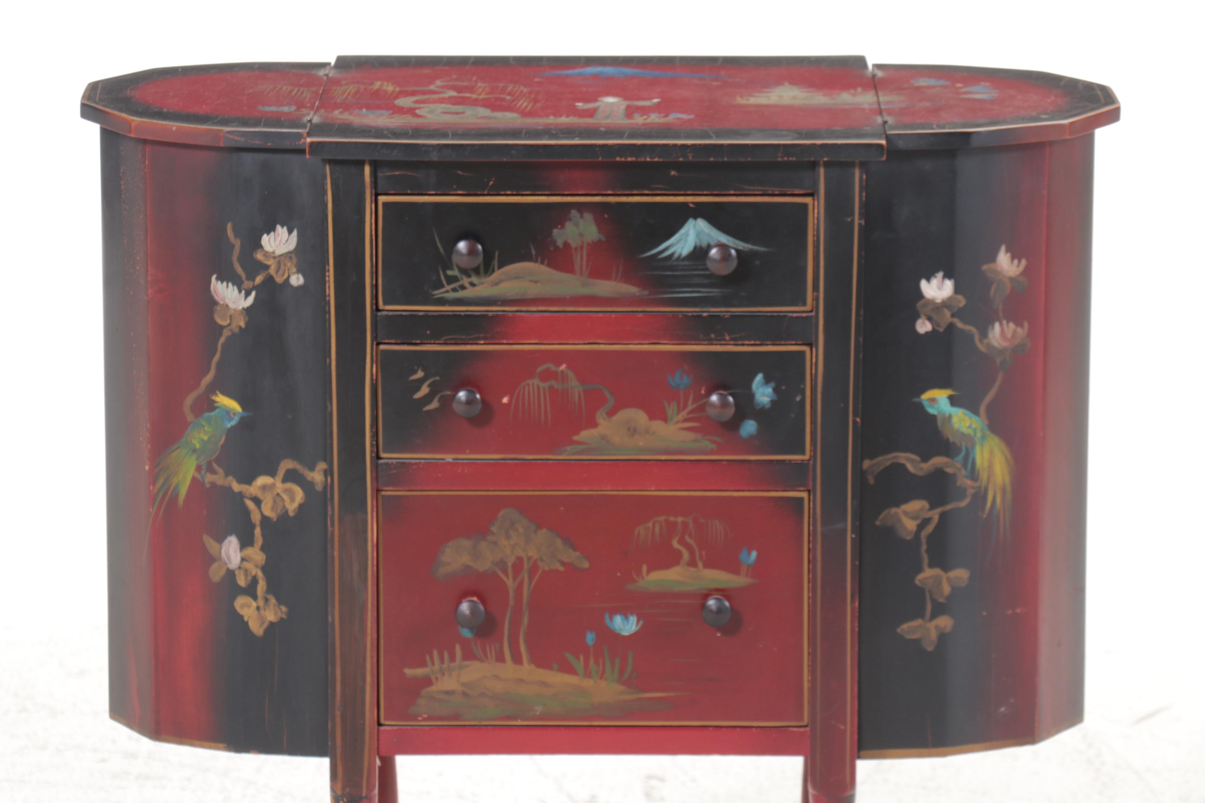 Chinoiserie Painted Decorated Martha Washington Sewing Table, Mid to Late 20th C