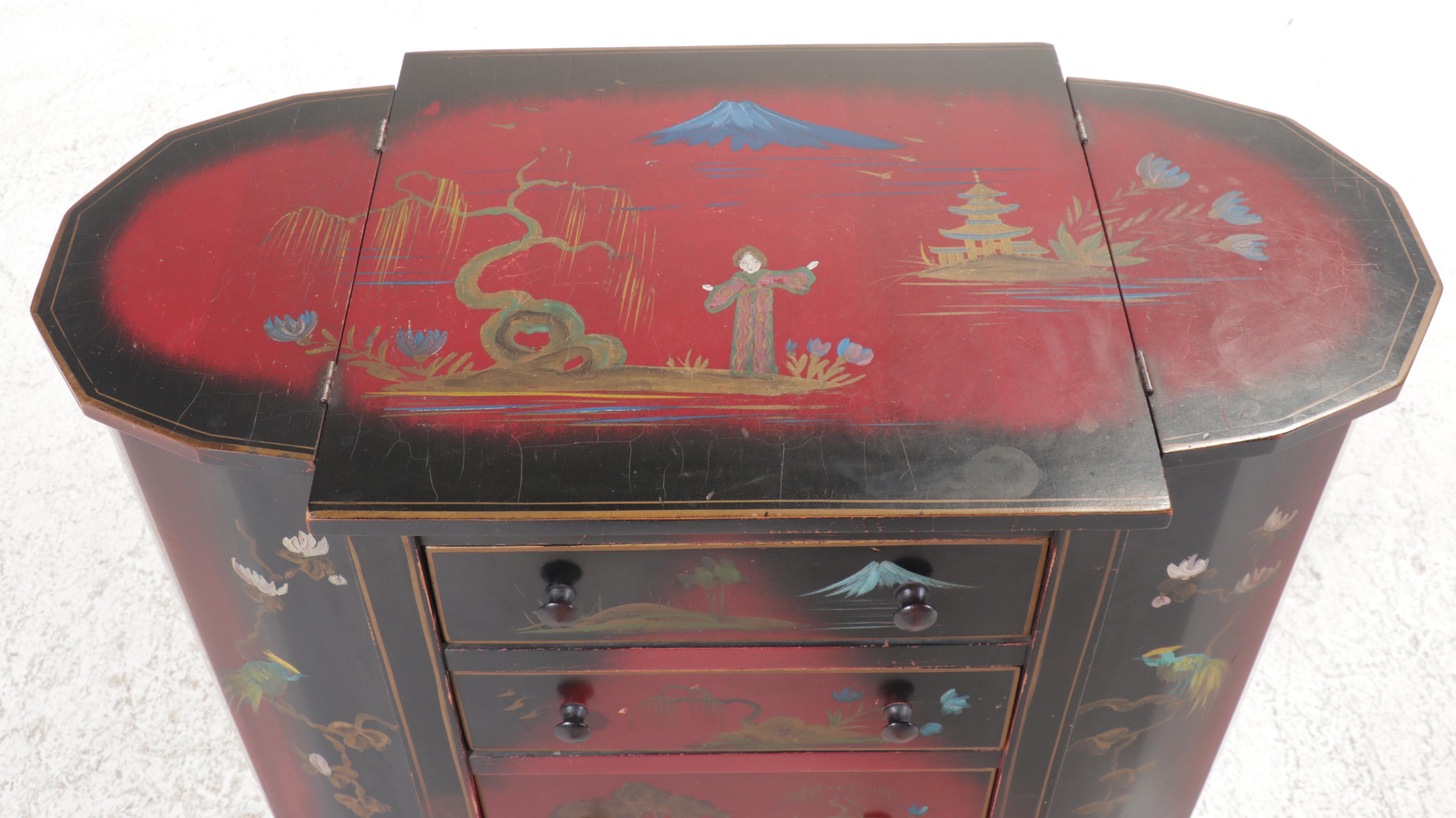 Chinoiserie Painted Decorated Martha Washington Sewing Table, Mid to Late 20th C