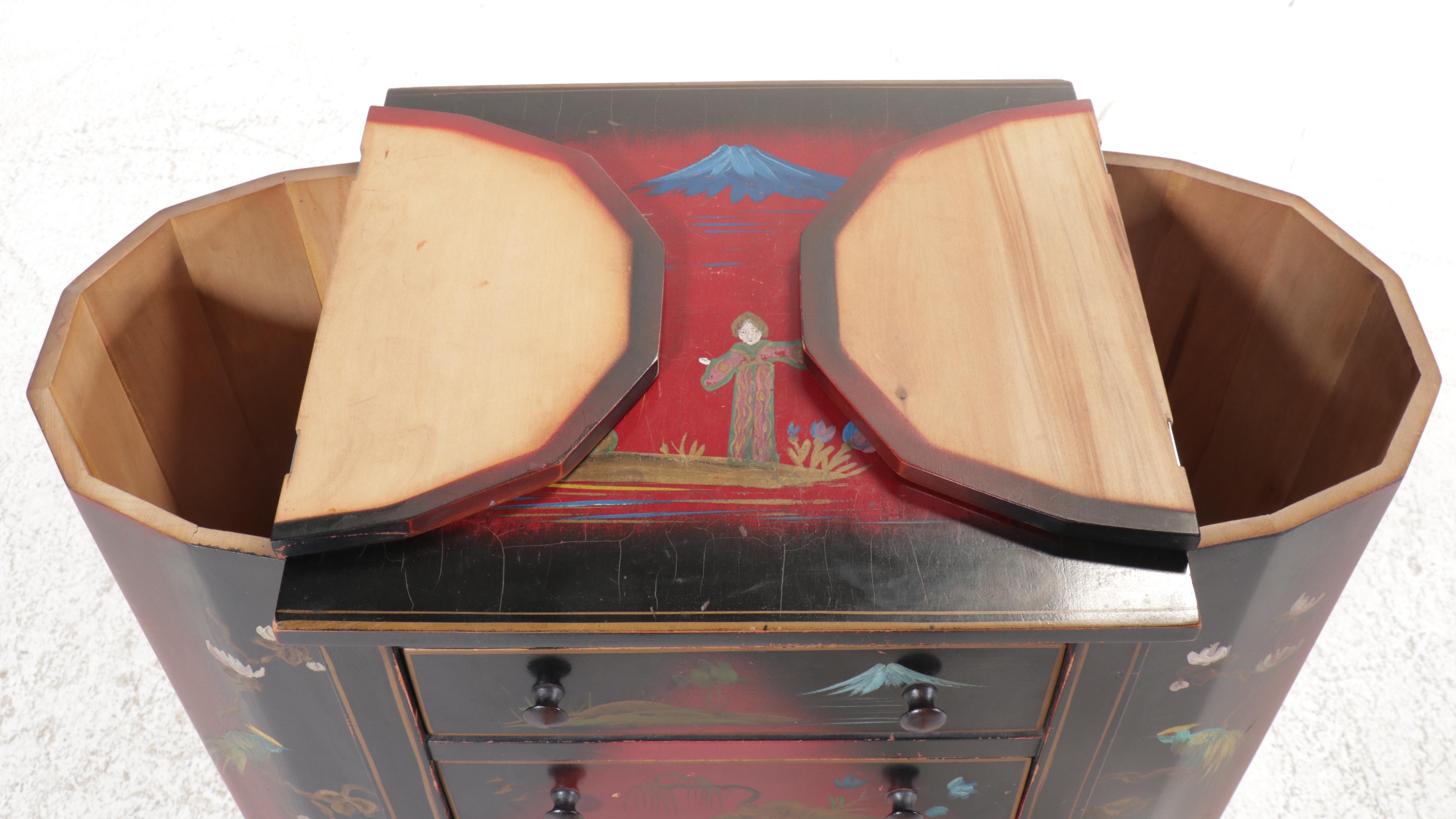 Chinoiserie Painted Decorated Martha Washington Sewing Table, Mid to Late 20th C