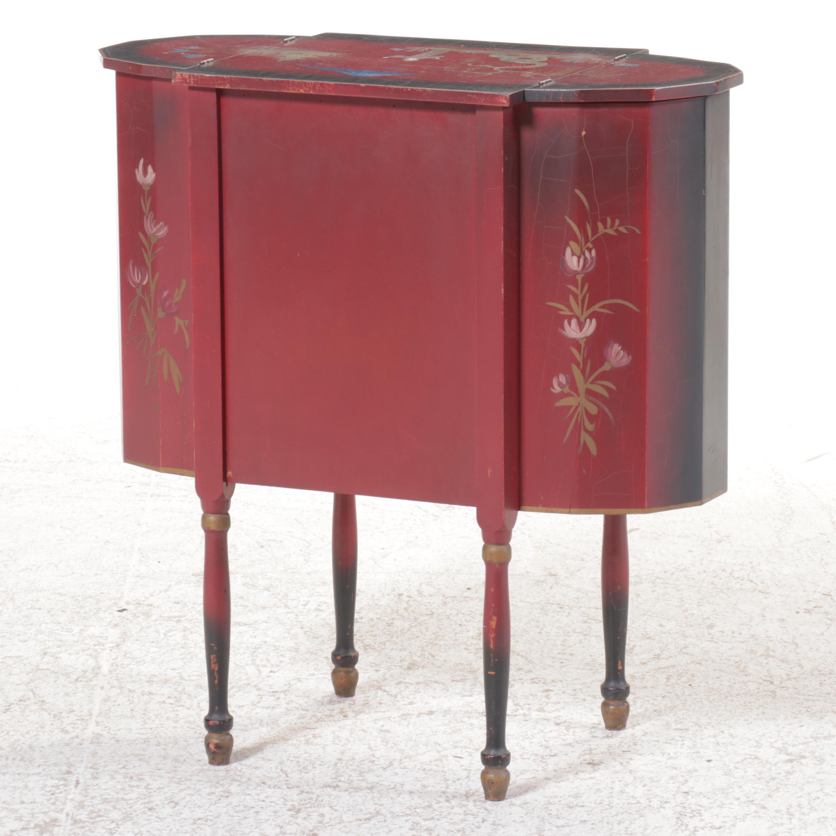Chinoiserie Painted Decorated Martha Washington Sewing Table, Mid to Late 20th C