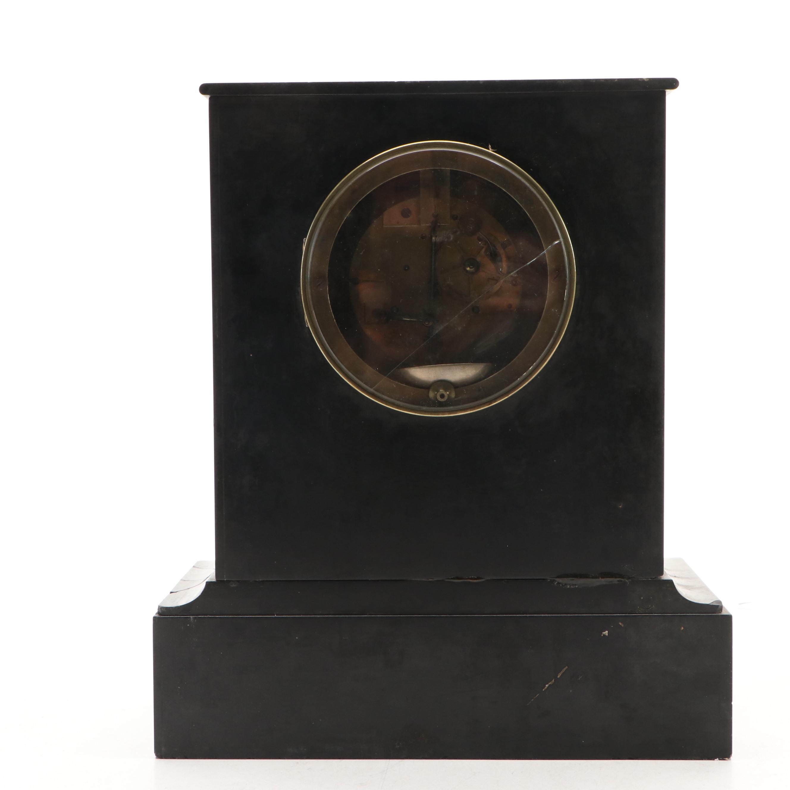 French Louis Philippe Style Black Marble Mantel Clock, Late 19th/ Early 20th C.