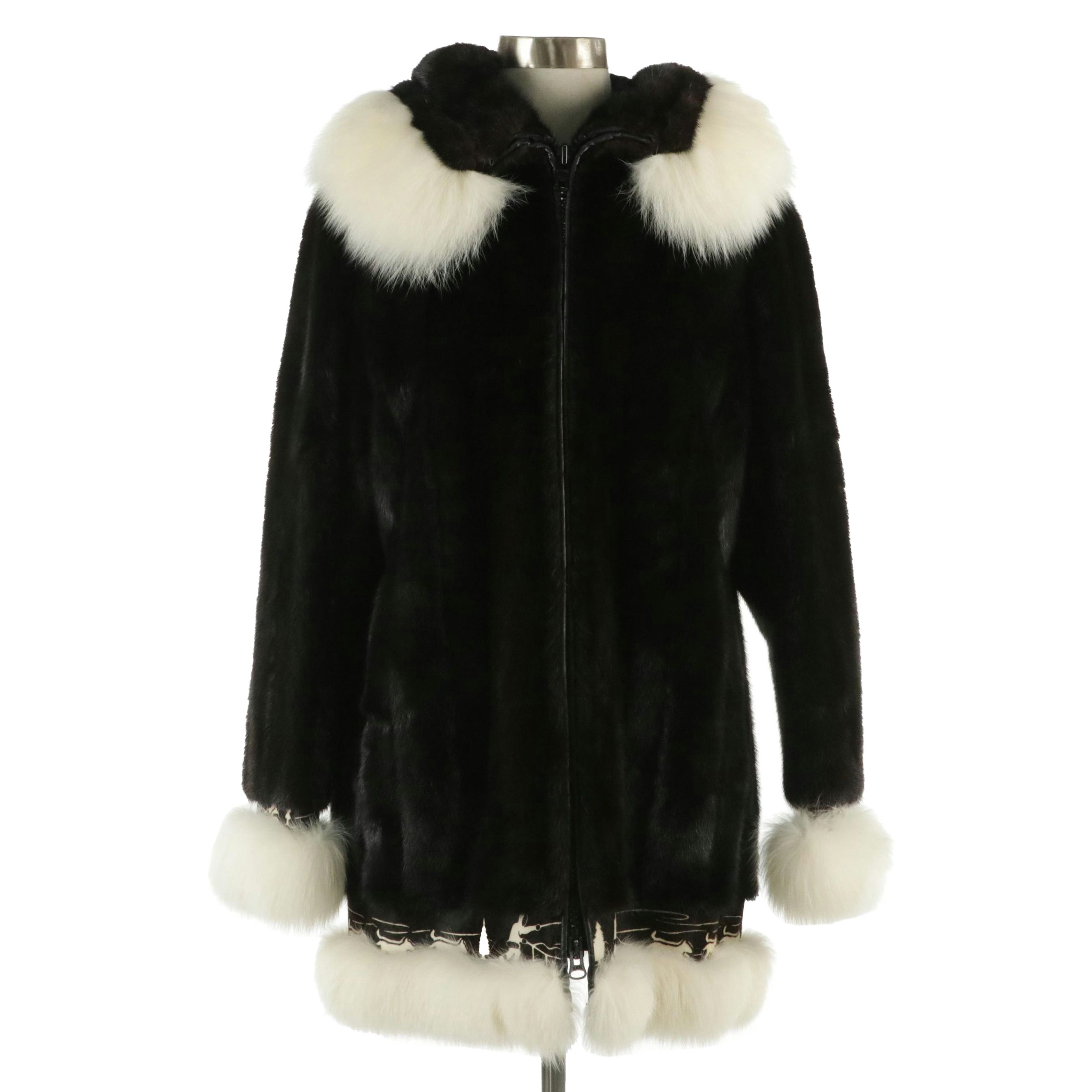 David Green Alaska Mink Fur Hooded Parka with Arctic Fox Fur and Calf Hair Trim