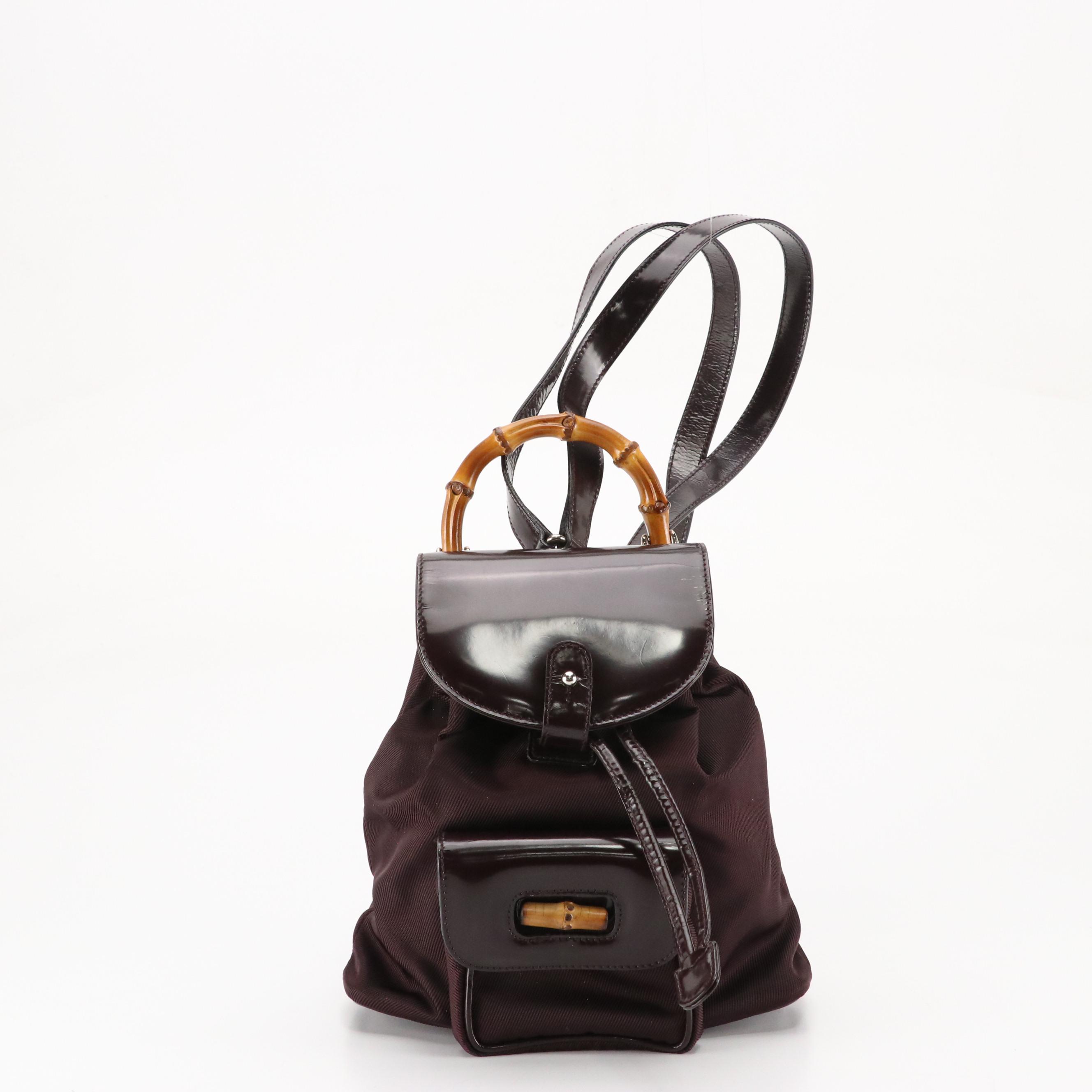 Gucci Bamboo Glazed Leather and Nylon Small Backpack in Aubergine