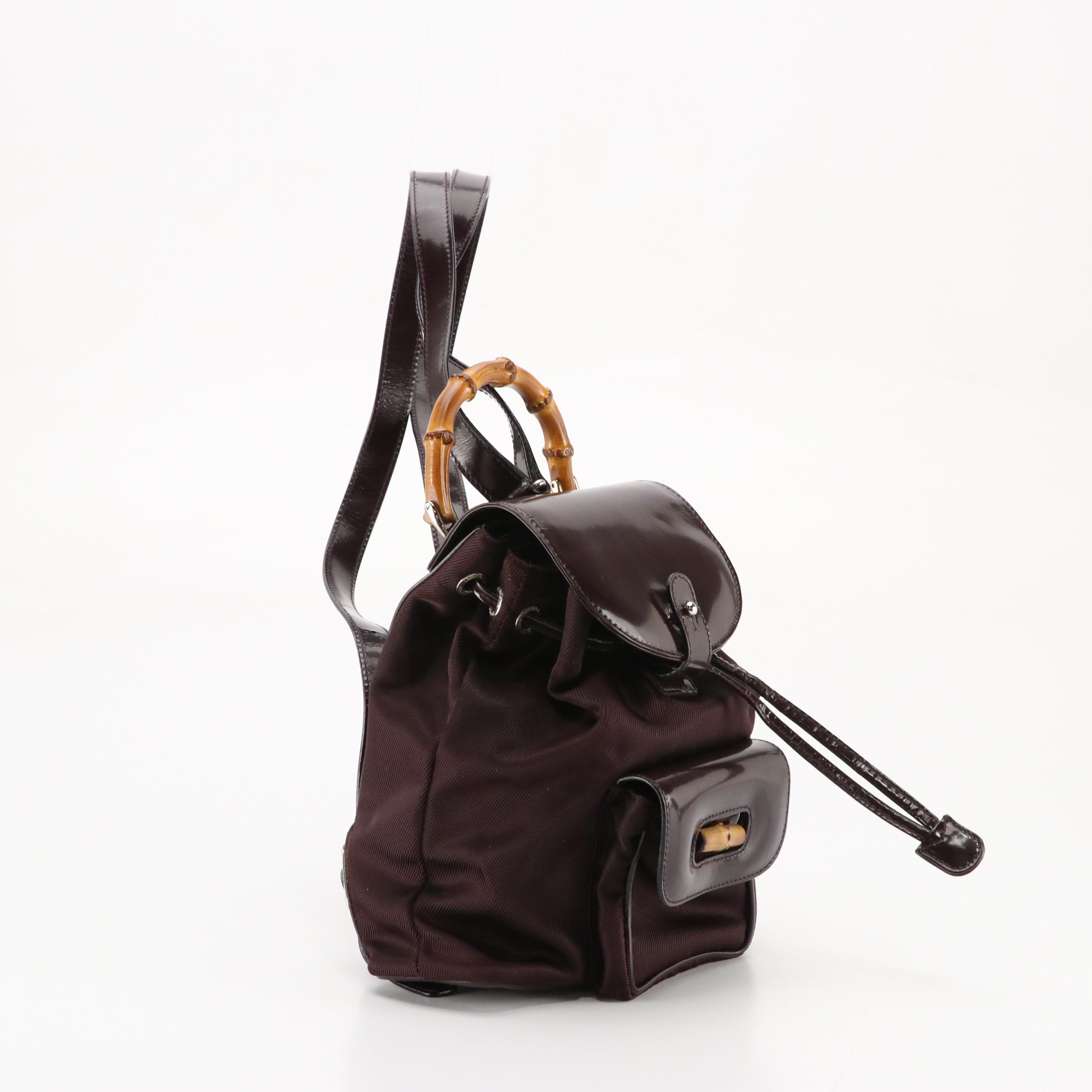Gucci Bamboo Glazed Leather and Nylon Small Backpack in Aubergine