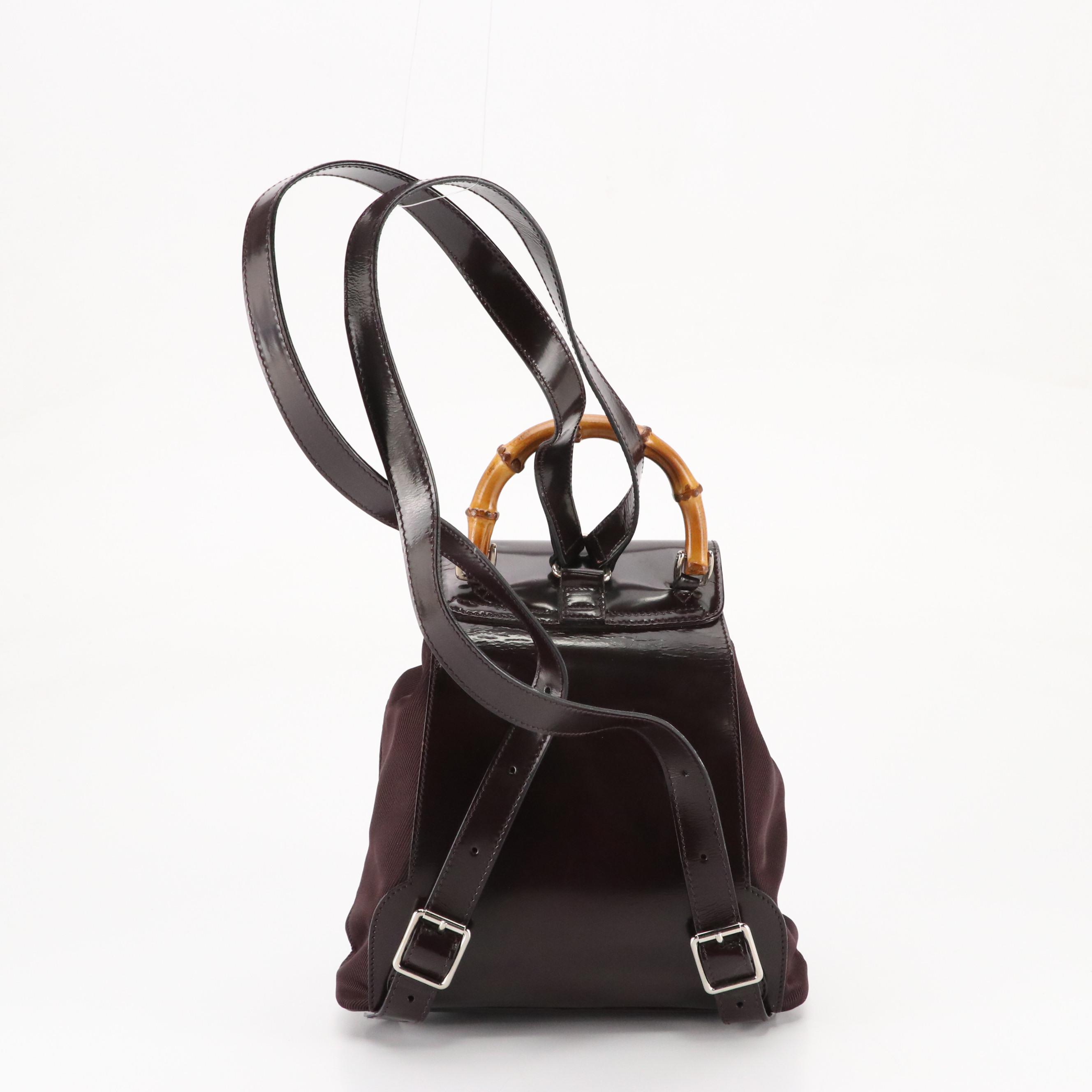Gucci Bamboo Glazed Leather and Nylon Small Backpack in Aubergine