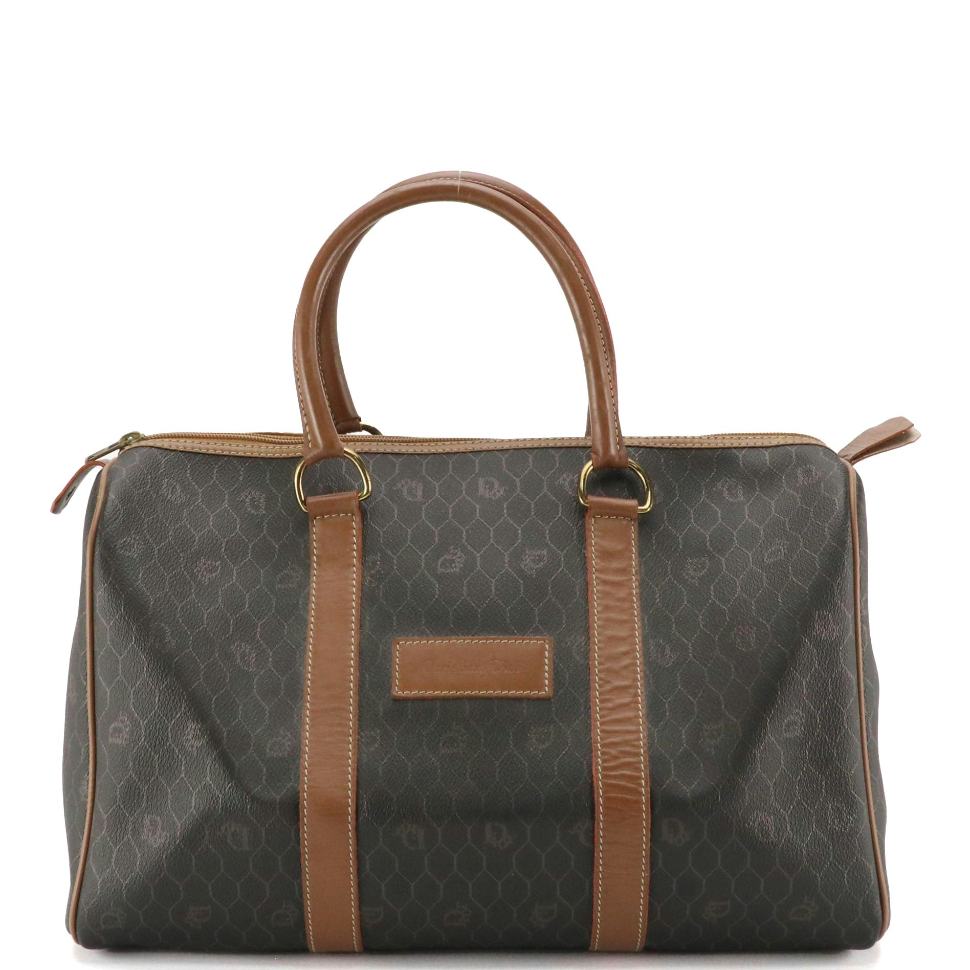 Christian Dior Mini Duffel Bag in Honeycomb Coated Canvas and Brown Leather