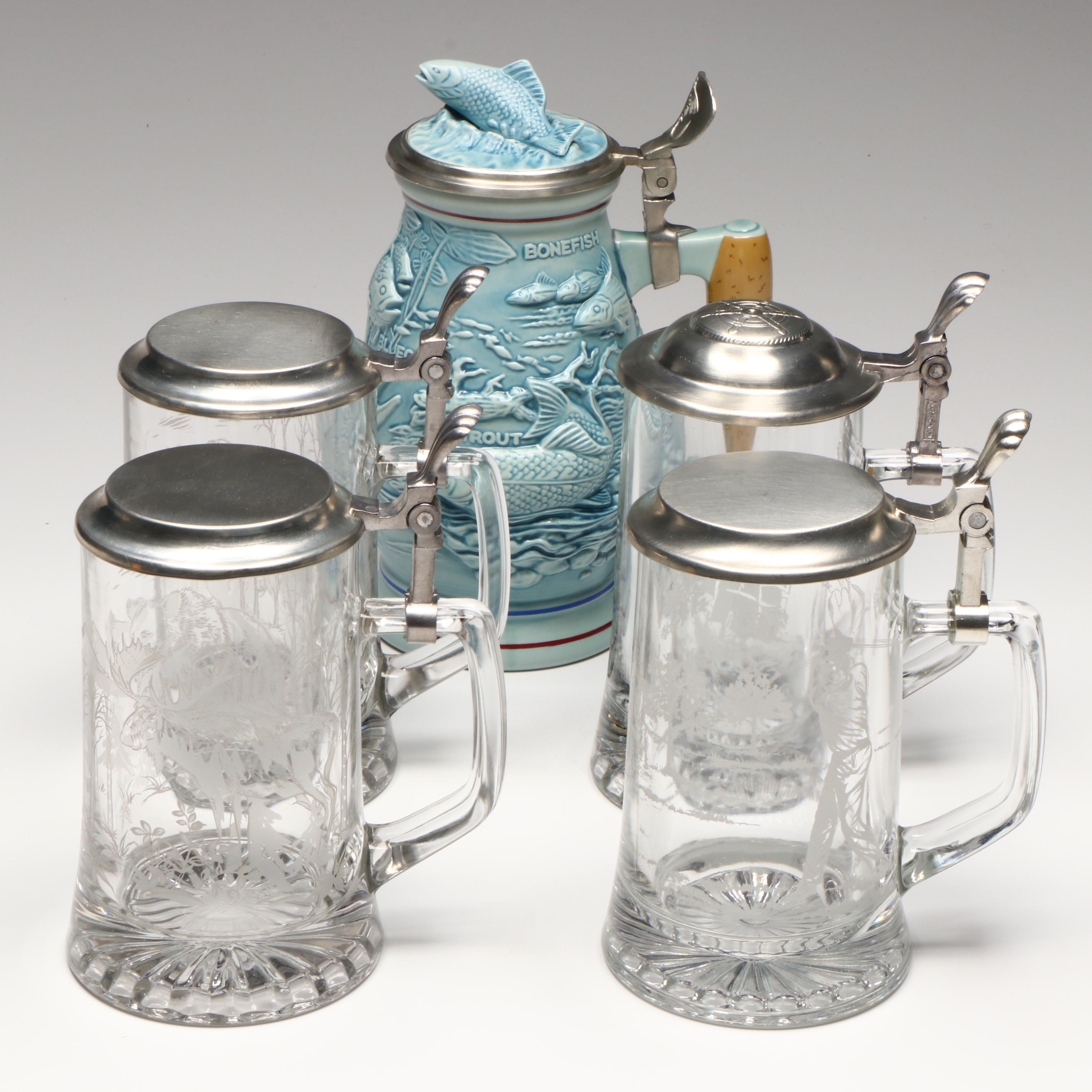 Ceramarte for Avon Fishing Stein with Set of Four Glass Steins