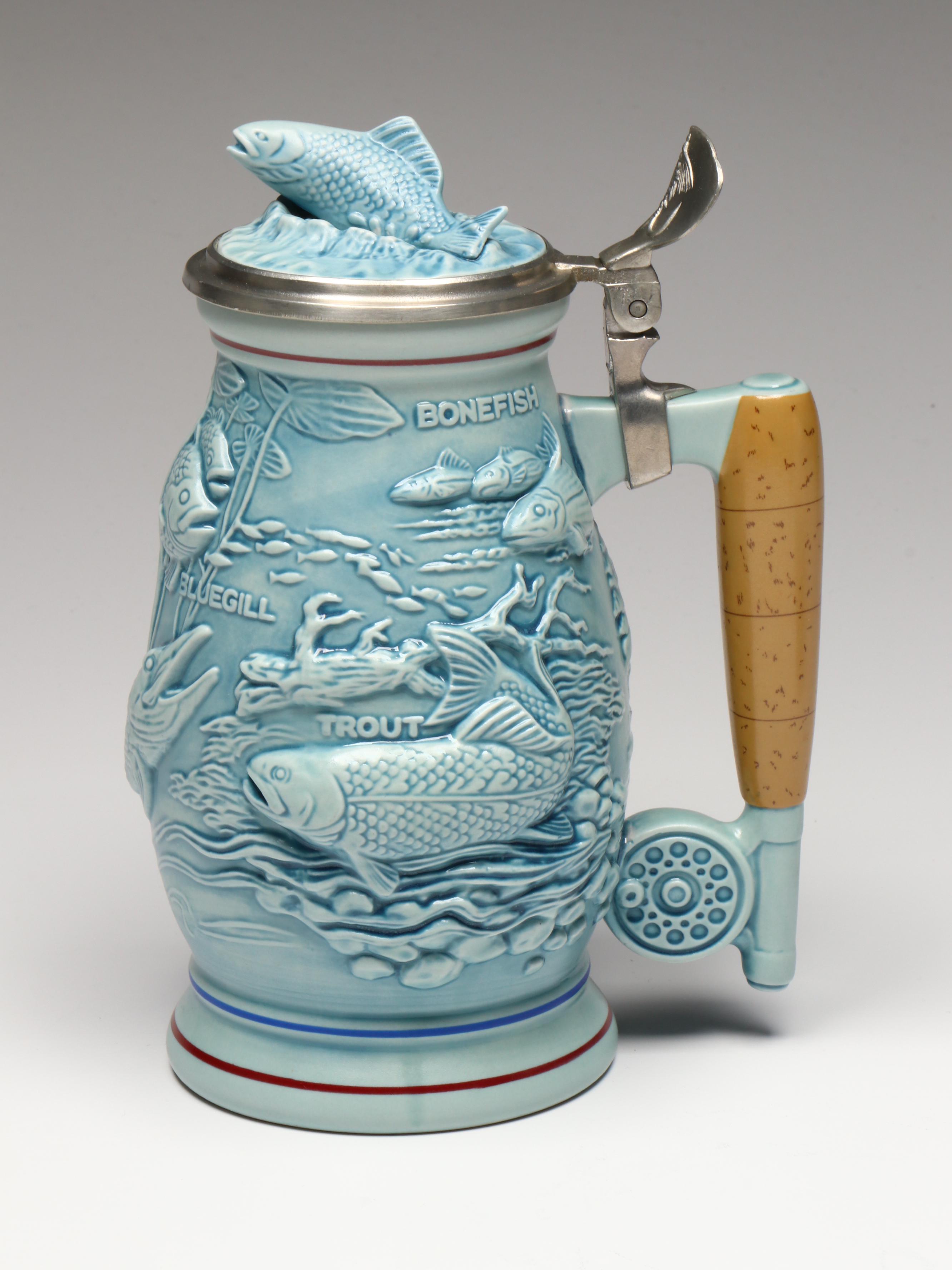 Ceramarte for Avon Fishing Stein with Set of Four Glass Steins