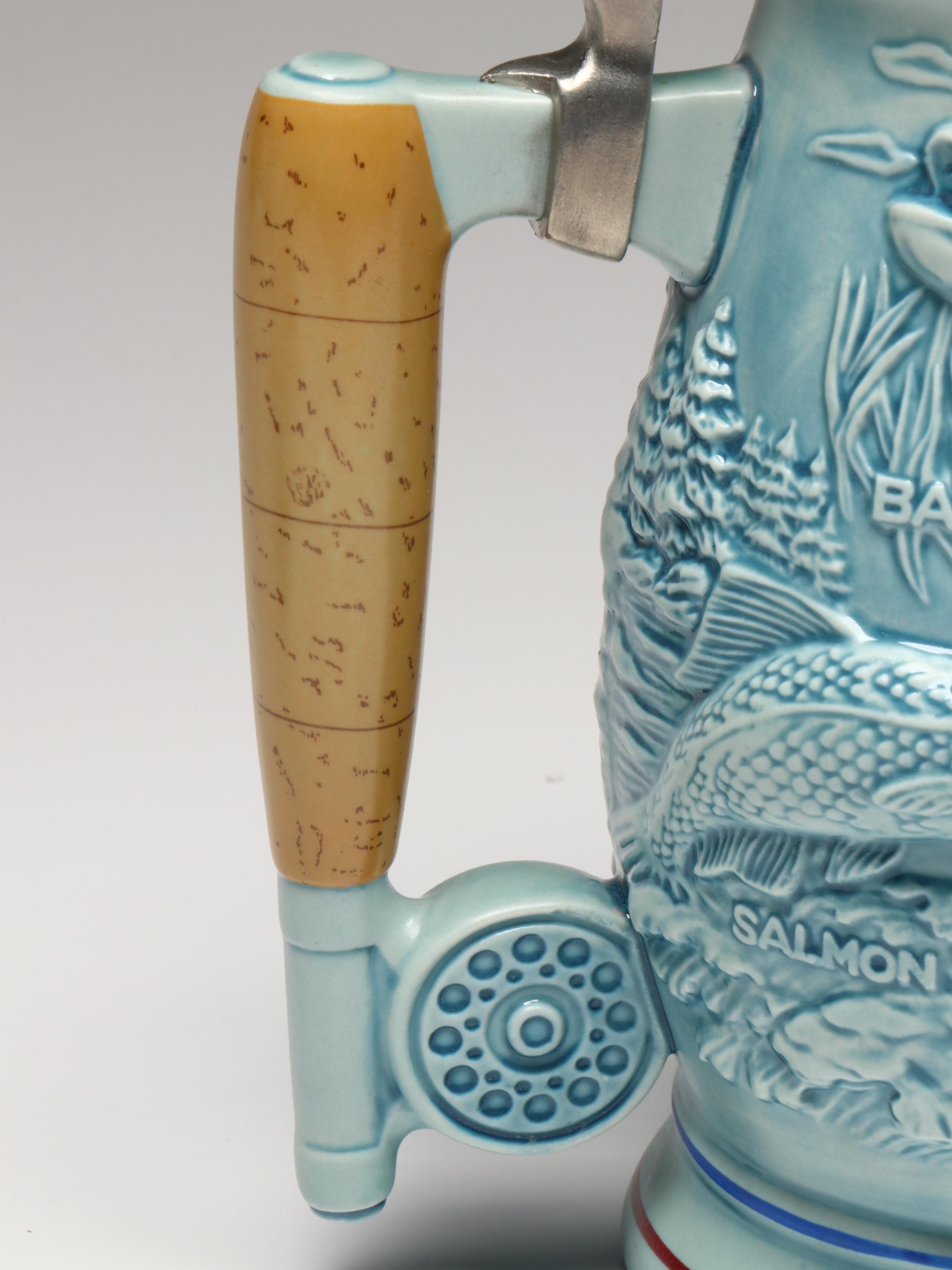 Ceramarte for Avon Fishing Stein with Set of Four Glass Steins