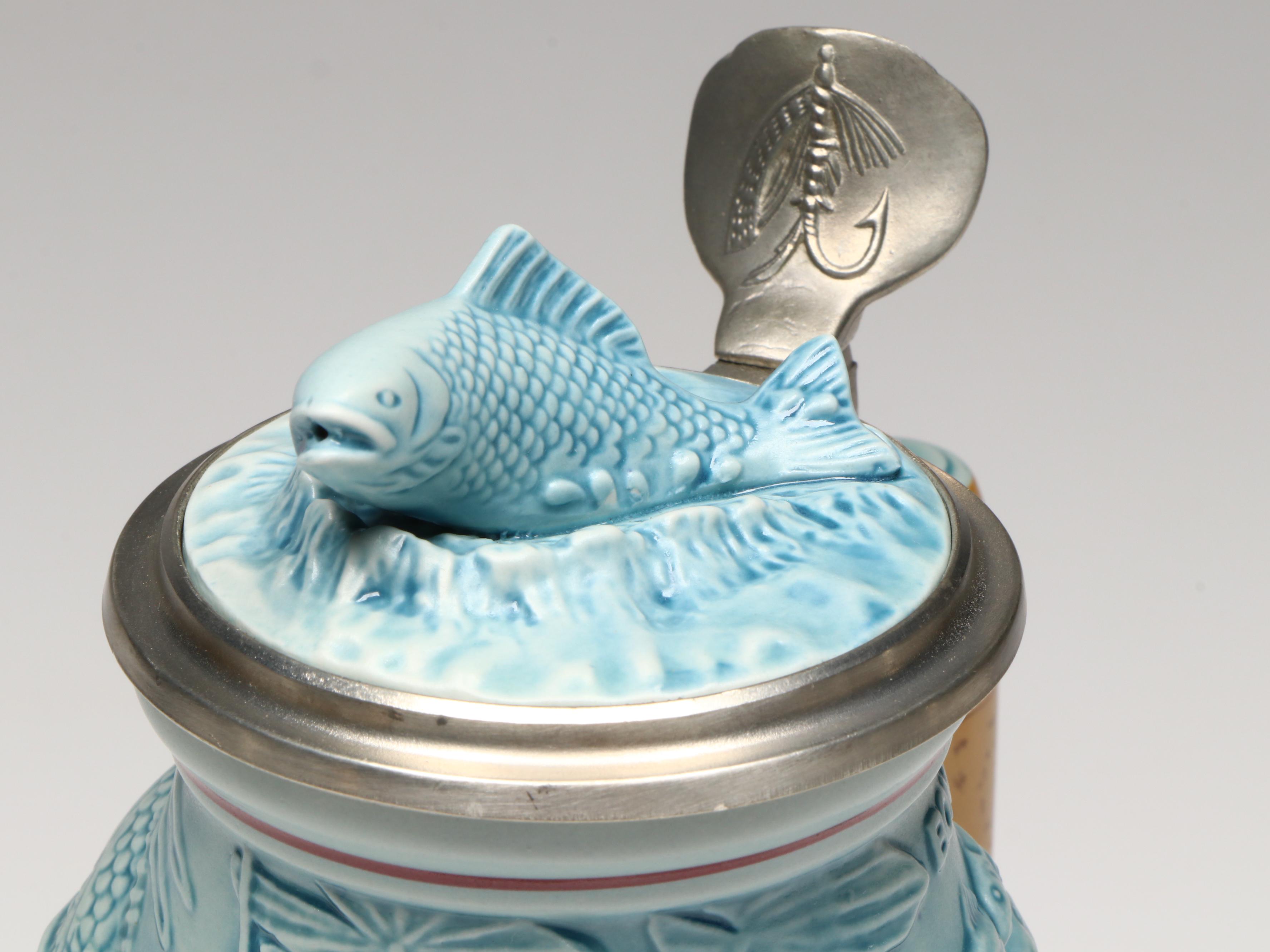 Ceramarte for Avon Fishing Stein with Set of Four Glass Steins