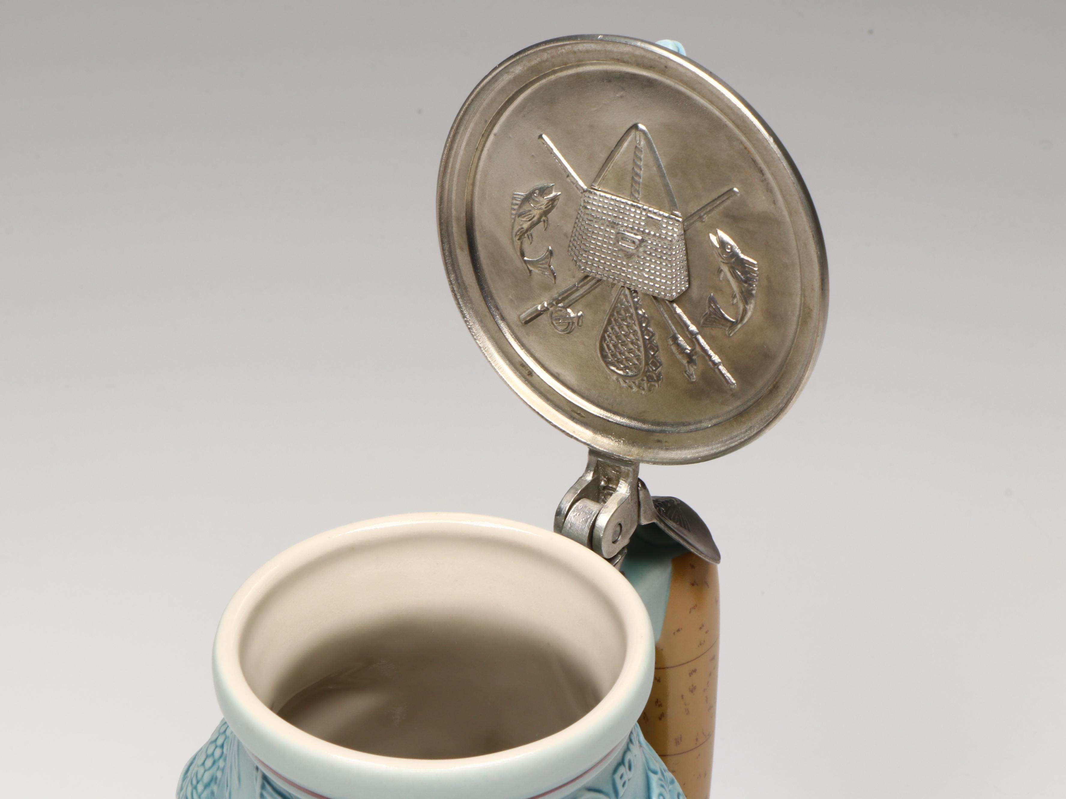 Ceramarte for Avon Fishing Stein with Set of Four Glass Steins