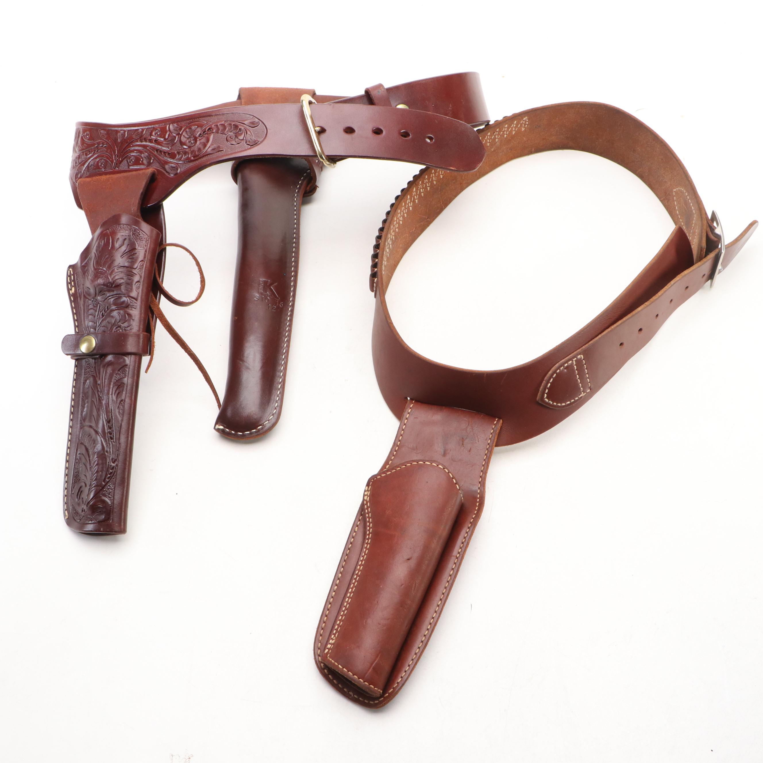 Cabelas, Don Hume, and Other Leather Handgun Holsters with Powder Horn